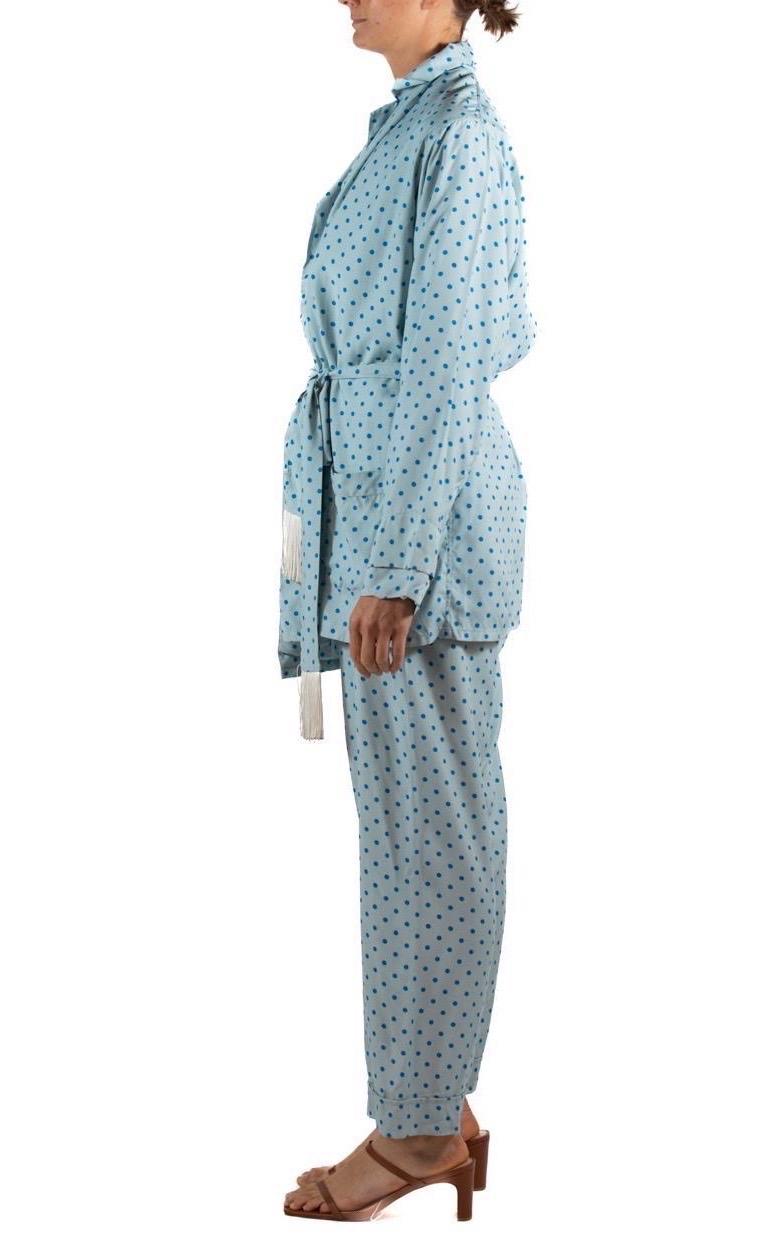 Men's 1970S Light Blue & Navy Rayon Polka Dot  Pajamas For Sale