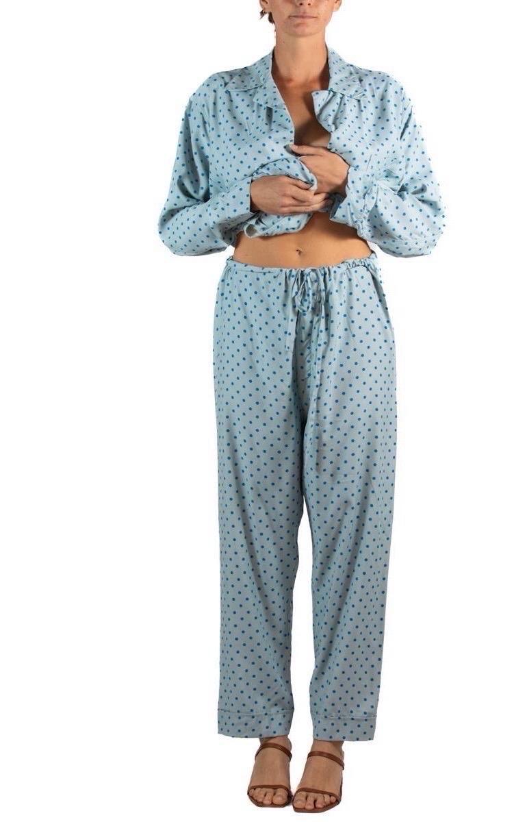 1970S Light Blue & Navy Rayon Polka Dot  Pajamas For Sale 1
