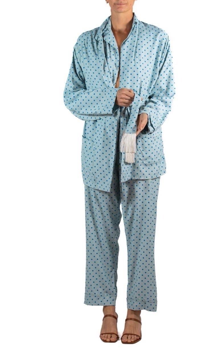 1970S Light Blue & Navy Rayon Polka Dot  Pajamas For Sale 2