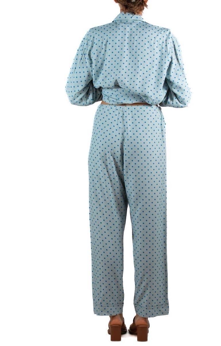1970S Light Blue & Navy Rayon Polka Dot  Pajamas For Sale 3