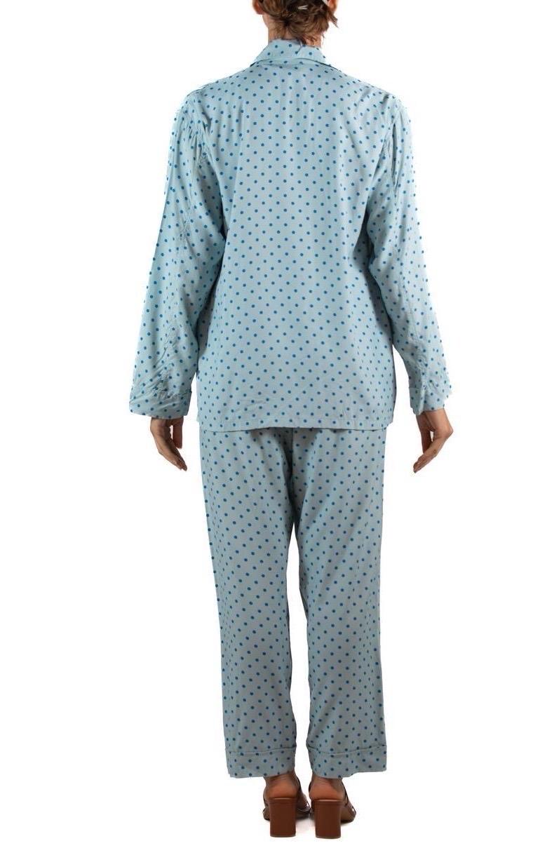 1970S Light Blue & Navy Rayon Polka Dot  Pajamas For Sale 5