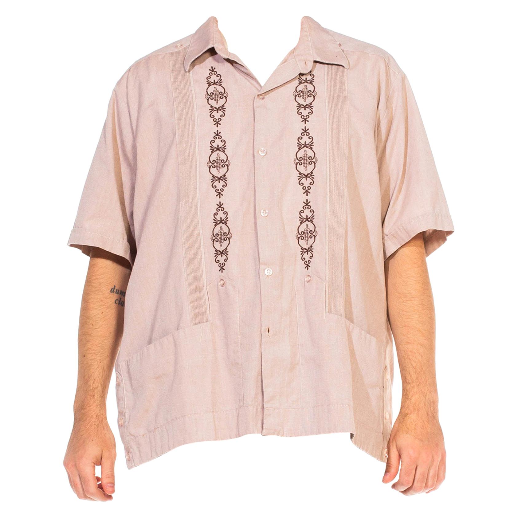 1970S Light Brown Cotton Blend Men's Cuban Cigar Shirt For Sale