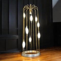 1970s Lightolier Brass Waterfall Cage Lamp with New White Glass Diffusers