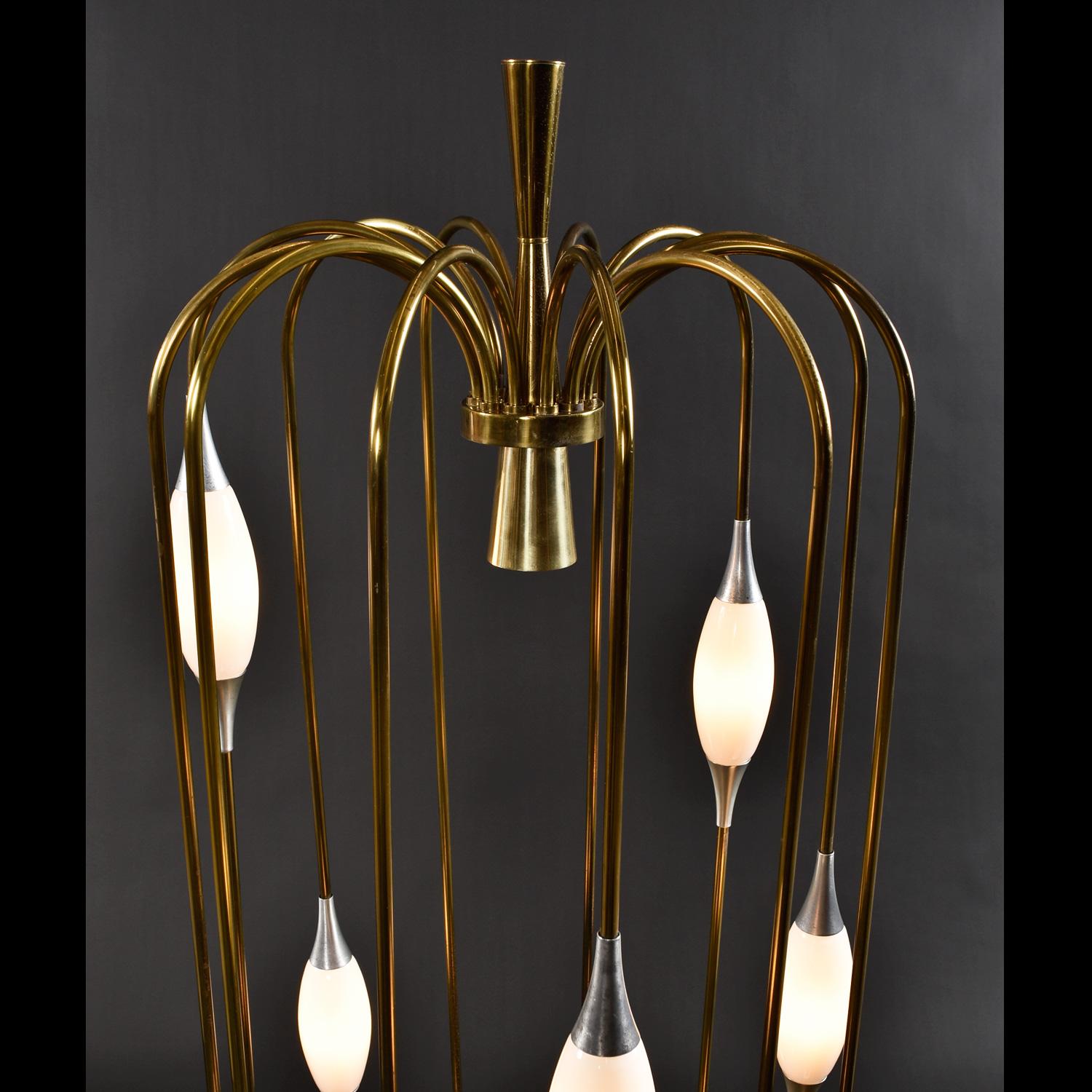 1970s Lightolier Brass Waterfall Cage Lamp with New White Glass Diffusers In Good Condition For Sale In Chattanooga, TN