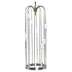 1970s Lightolier Brass Waterfall Cage Lamp with New White Glass Diffusers