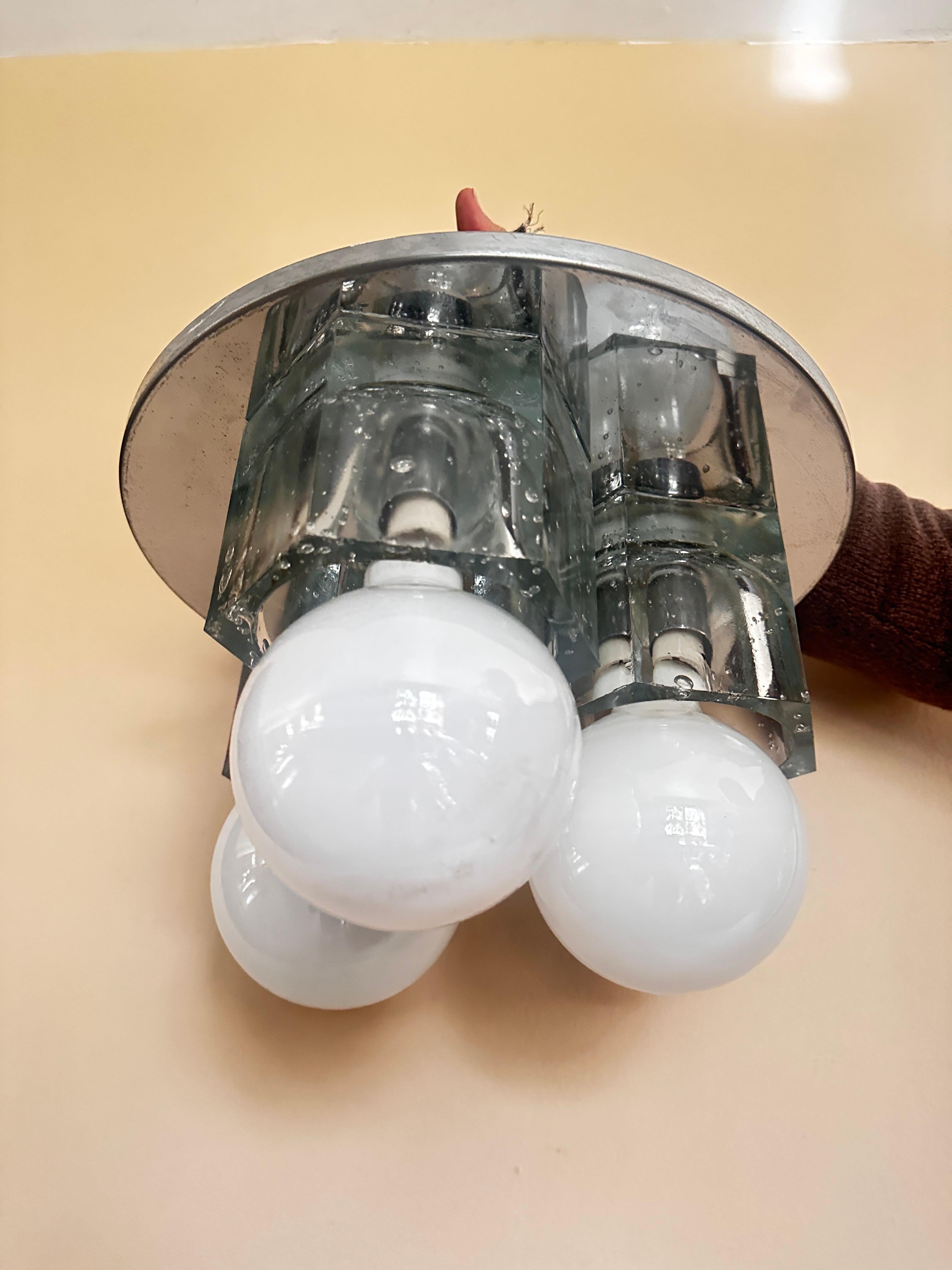 American 1970s lightolier ceiling flush mount light sciolari hexagonal glass and chrome For Sale