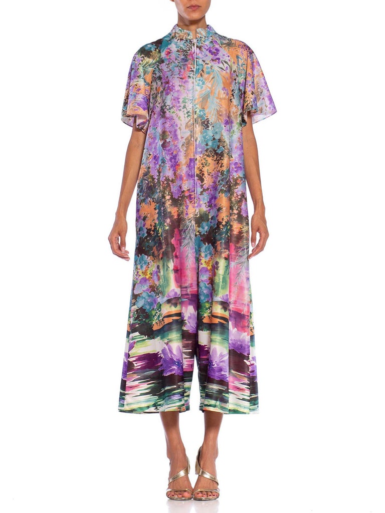1970S Lilac Multi Polyester and Elastane Watercolor Print Jumpsuit at