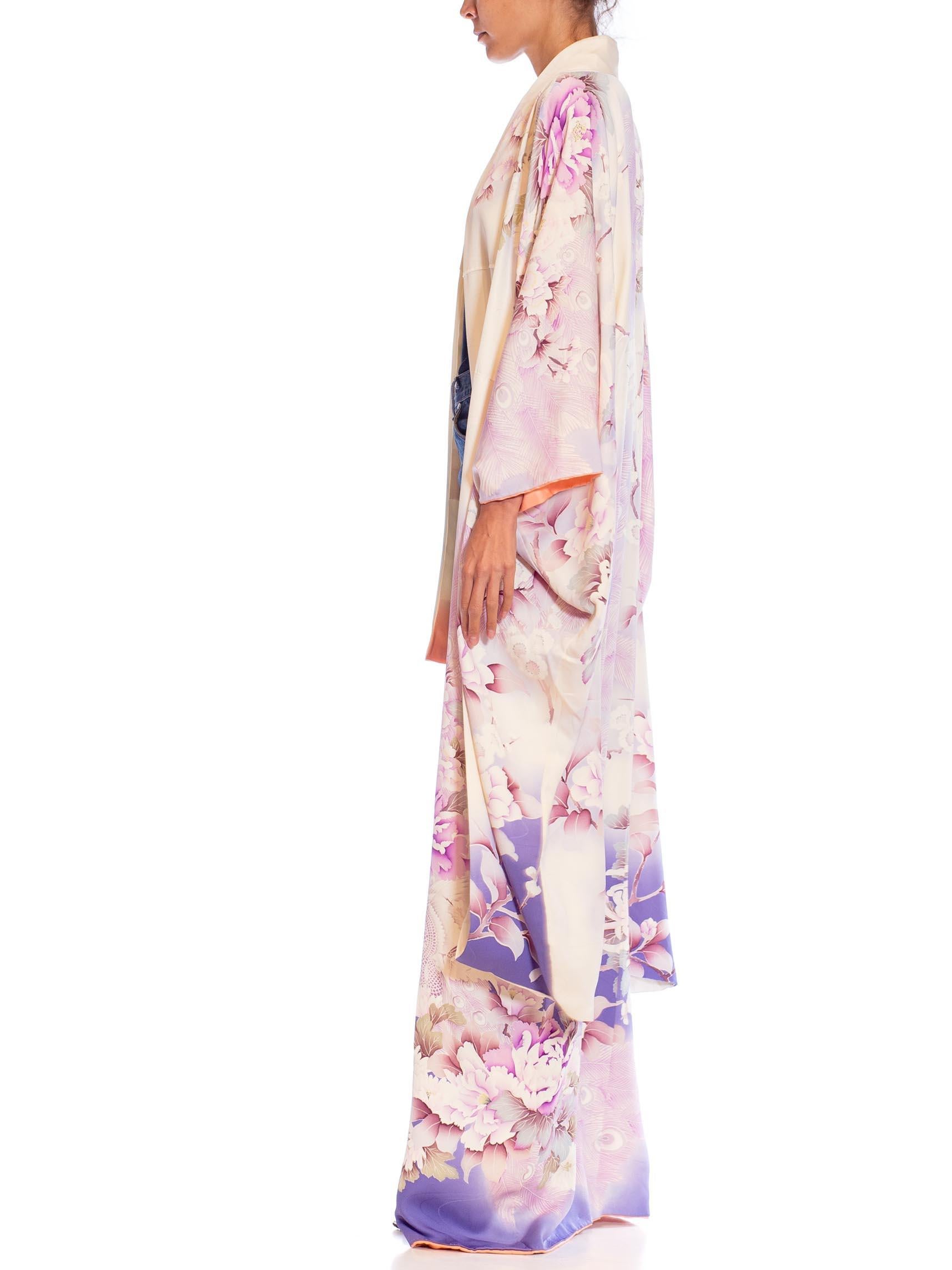 Women's 1970S Lilac & White Silk Peacock Floral Kimono