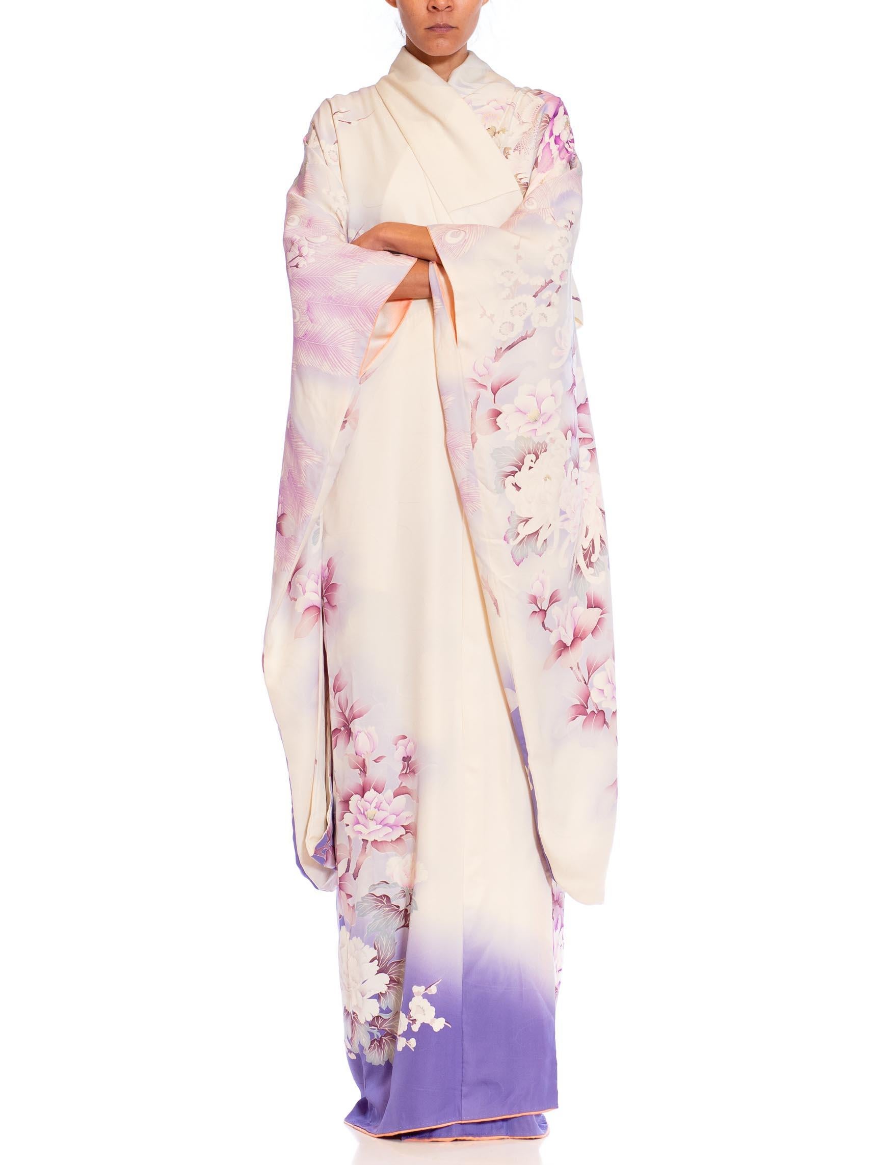 1970S Lilac & White Silk Peacock Floral Kimono 1