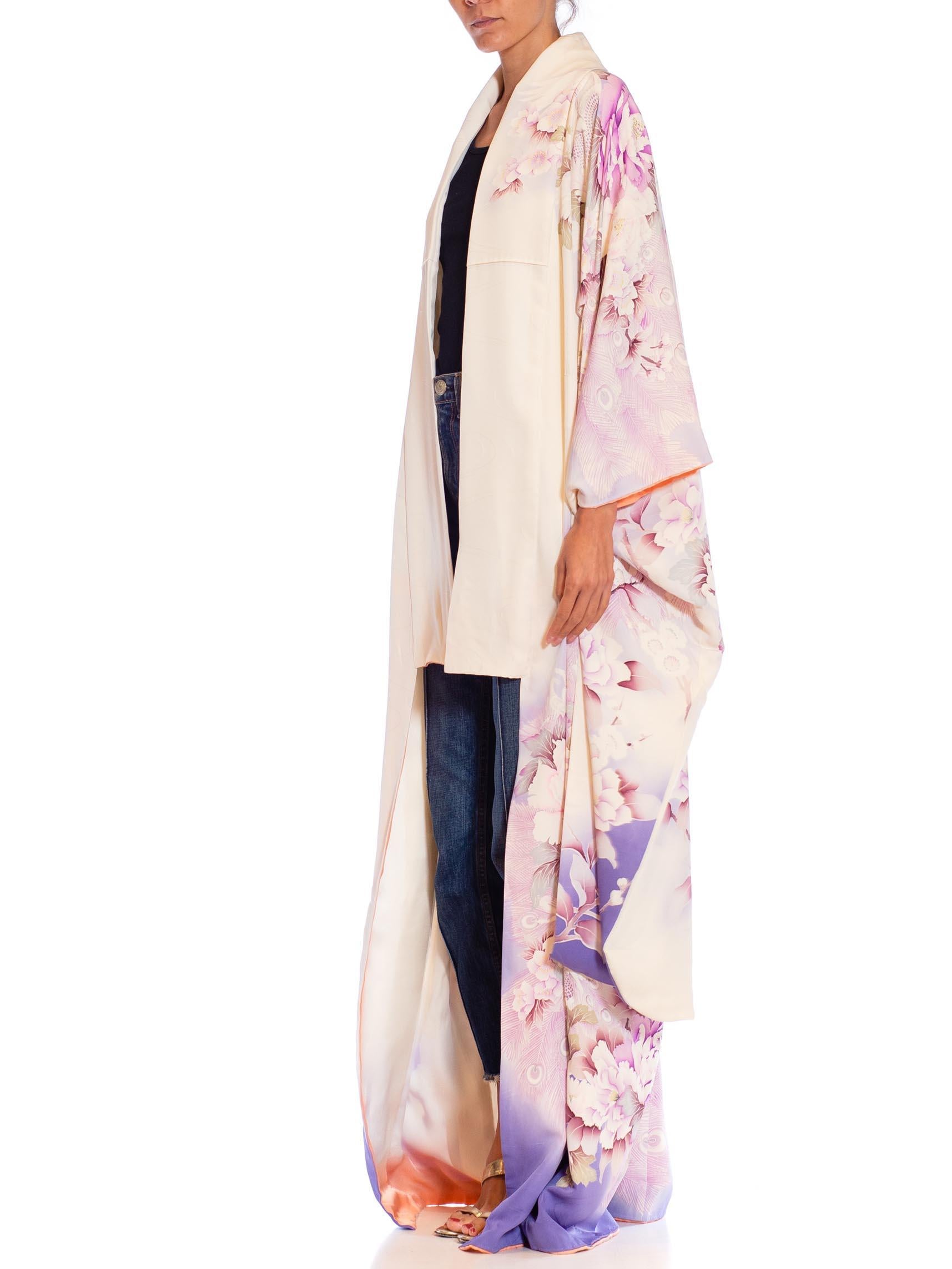 1970S Lilac & White Silk Peacock Floral Kimono 2