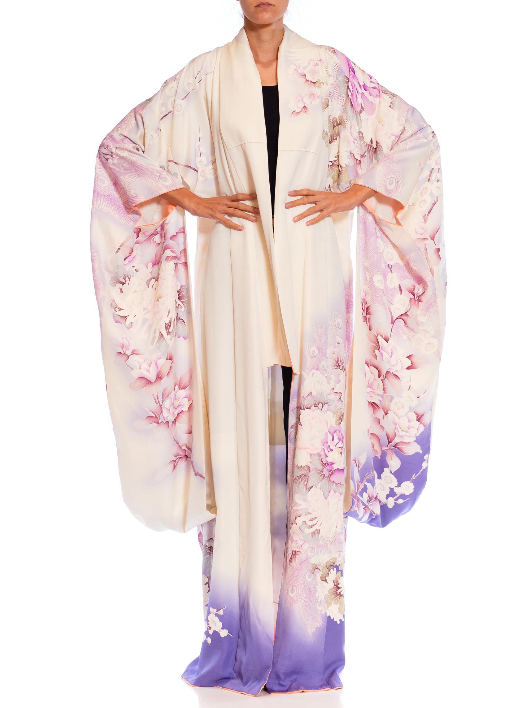1970S Lilac & White Silk Peacock Floral Kimono 3