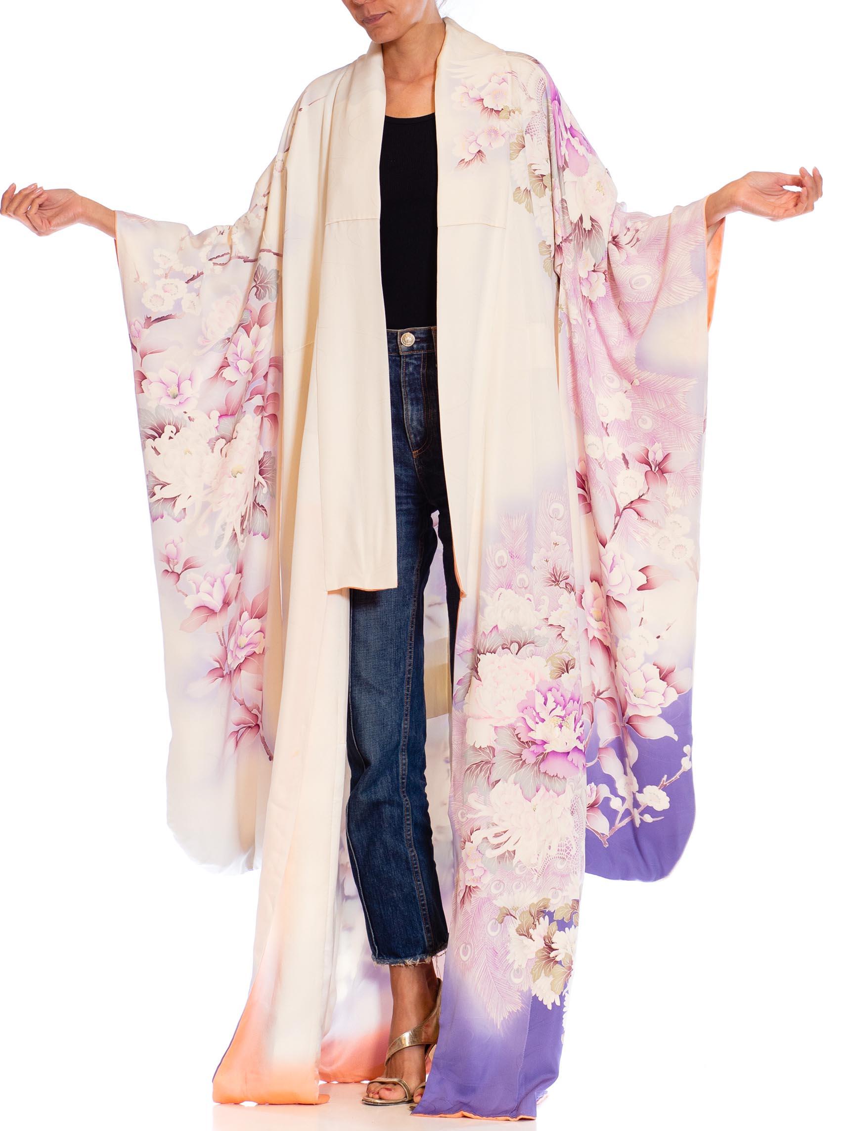 1970S Lilac & White Silk Peacock Floral Kimono 4