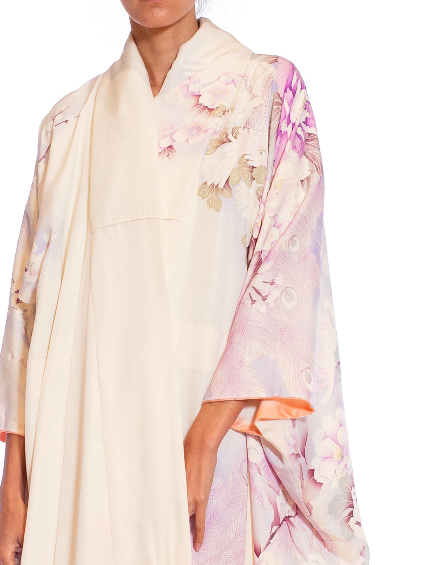 1970S Lilac & White Silk Peacock Floral Kimono 5