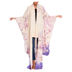 1970S Lilac & White Silk Peacock Floral Kimono