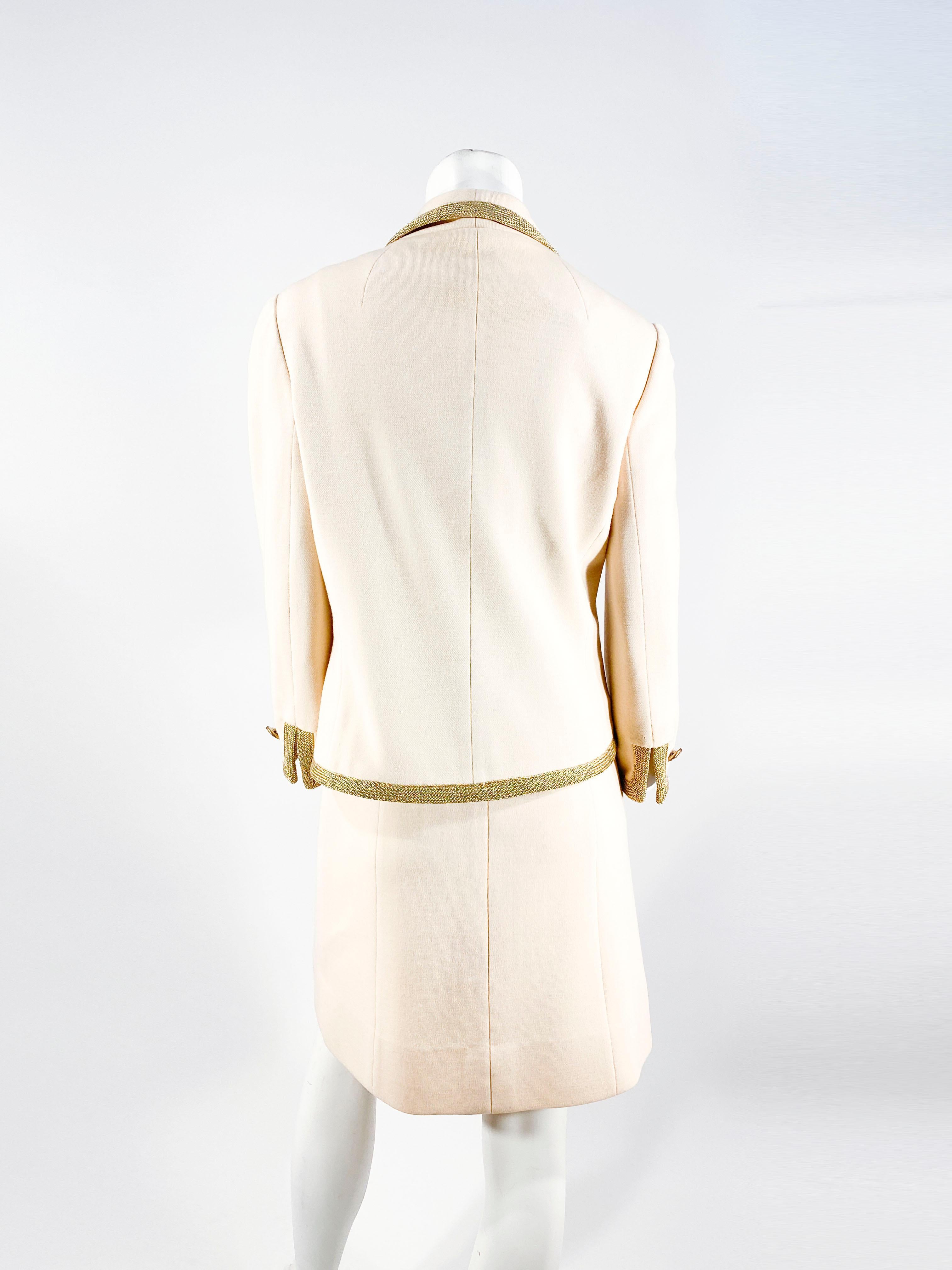 White 1970s Lilli Ann Ivory Wool Knit Suit with Brass Trim For Sale