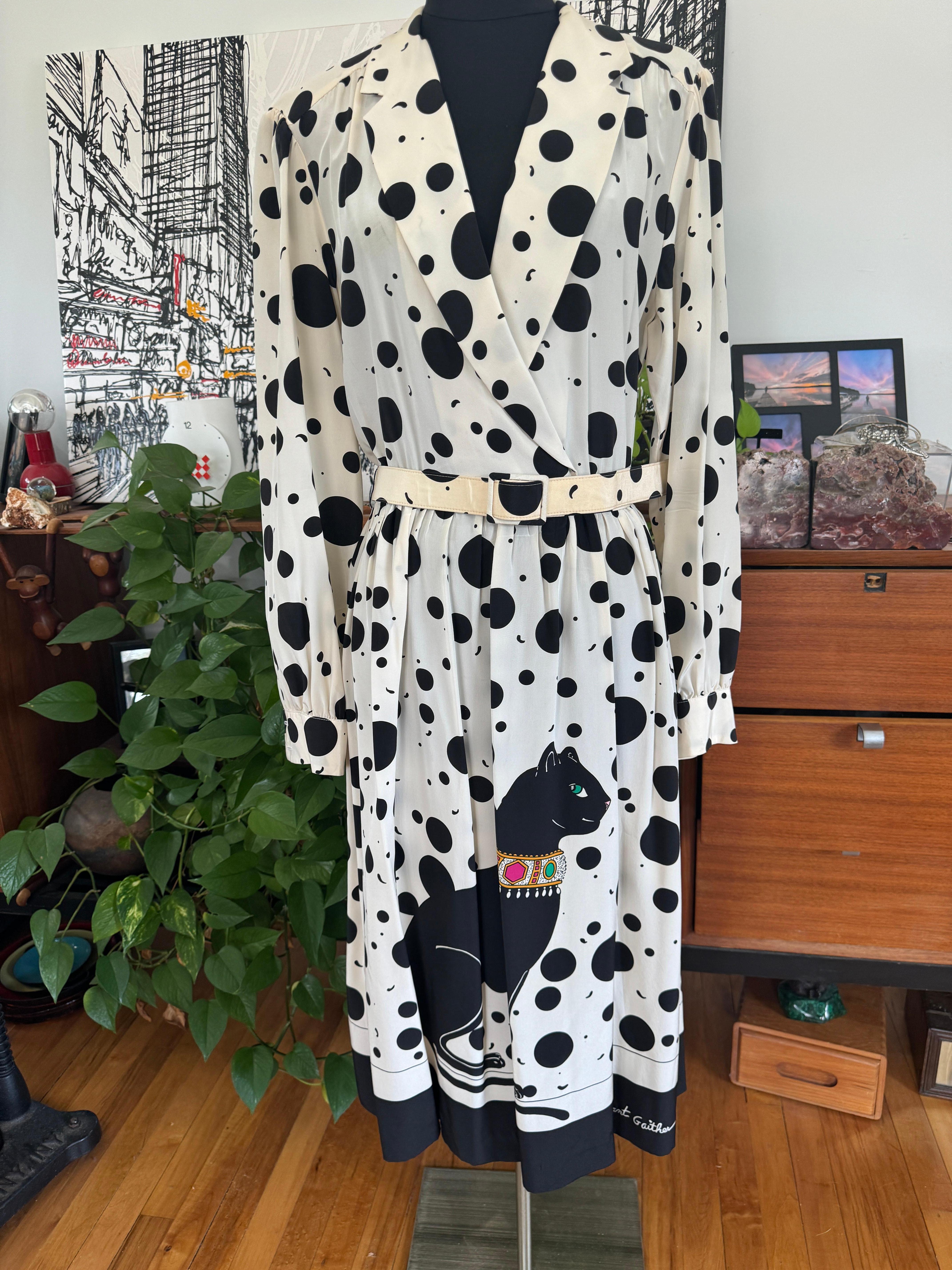 1970s Lilli Ann Silk Dress Polka Dot Black & Cream Cat For Sale 4