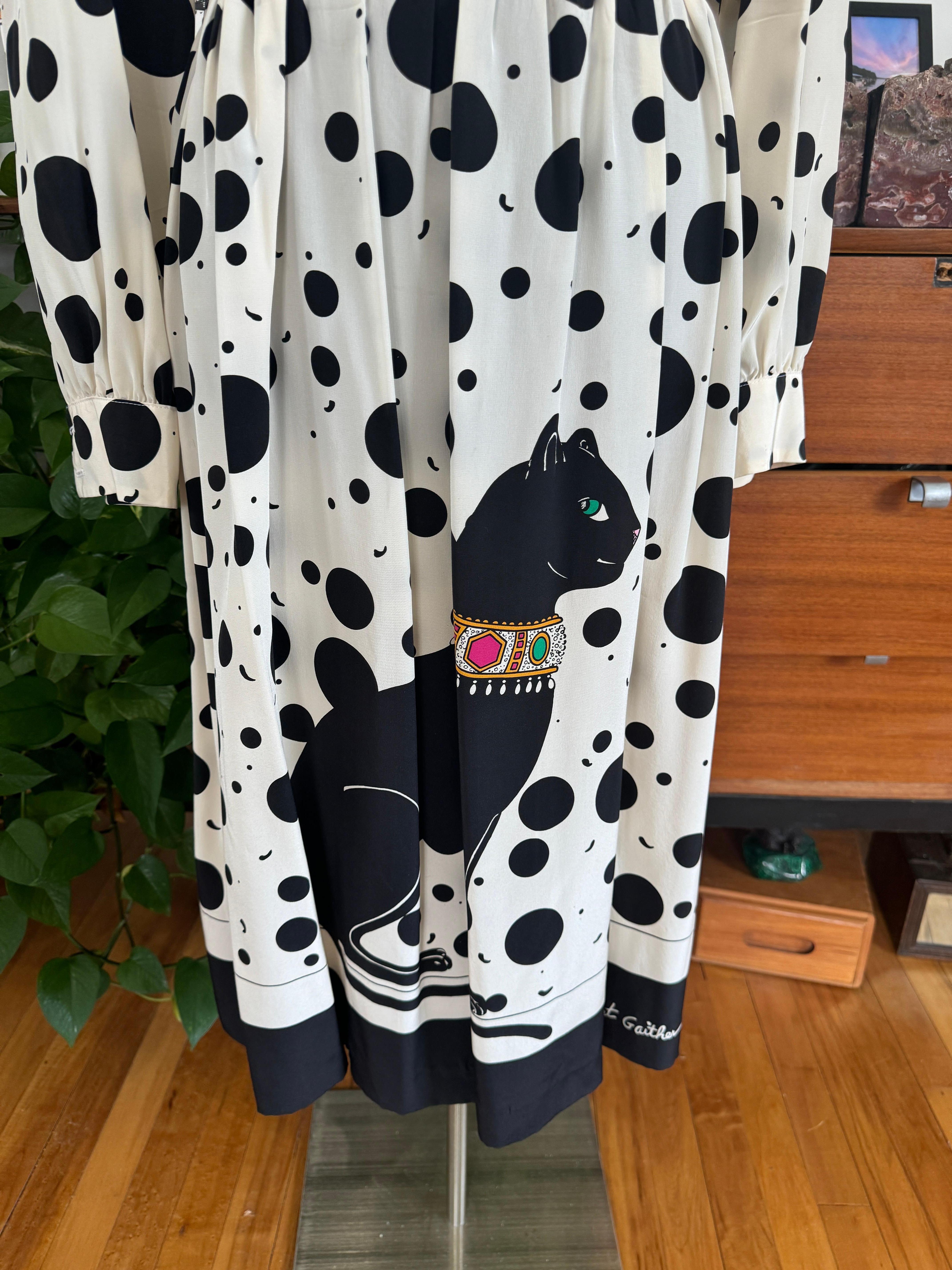 1970s Lilli Ann Silk Dress Polka Dot Black & Cream Cat For Sale 6