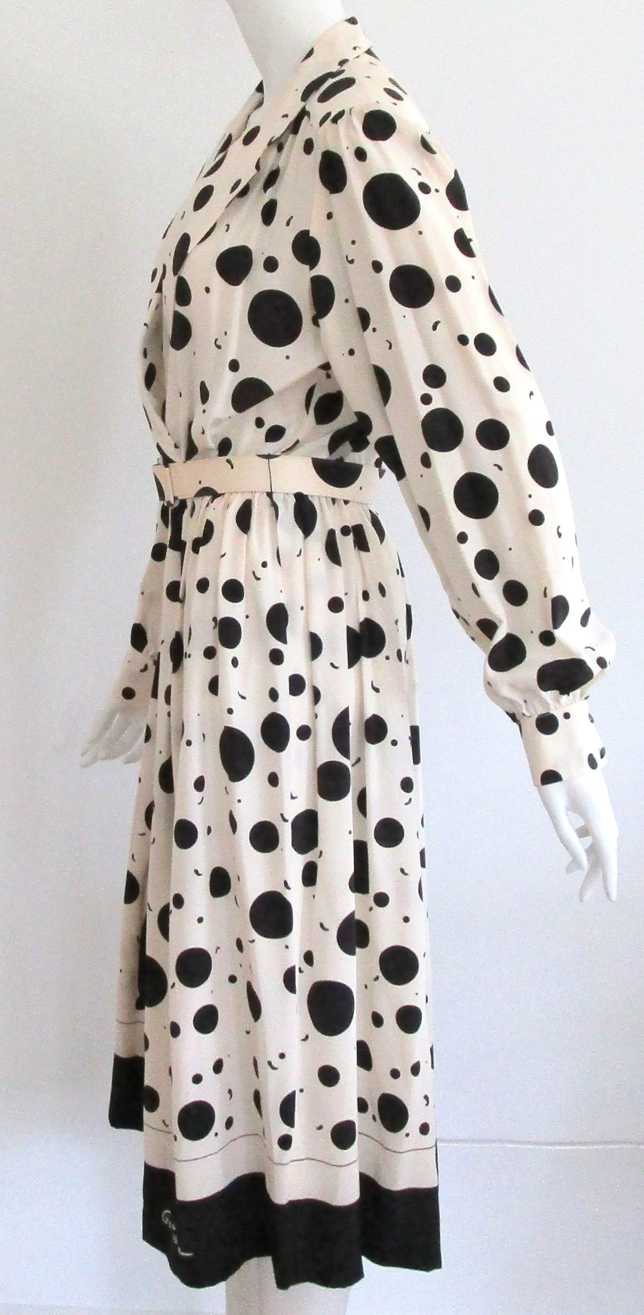 Women's 1970s Lilli Ann Silk Dress Polka Dot Black & Cream Cat  For Sale