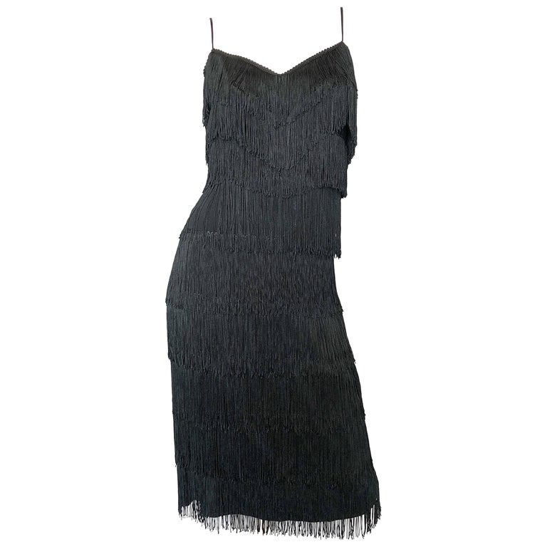 1970s Lilli Diamond Black Fully Fringed Vintage Flapper Style 70s Cocktail Dress