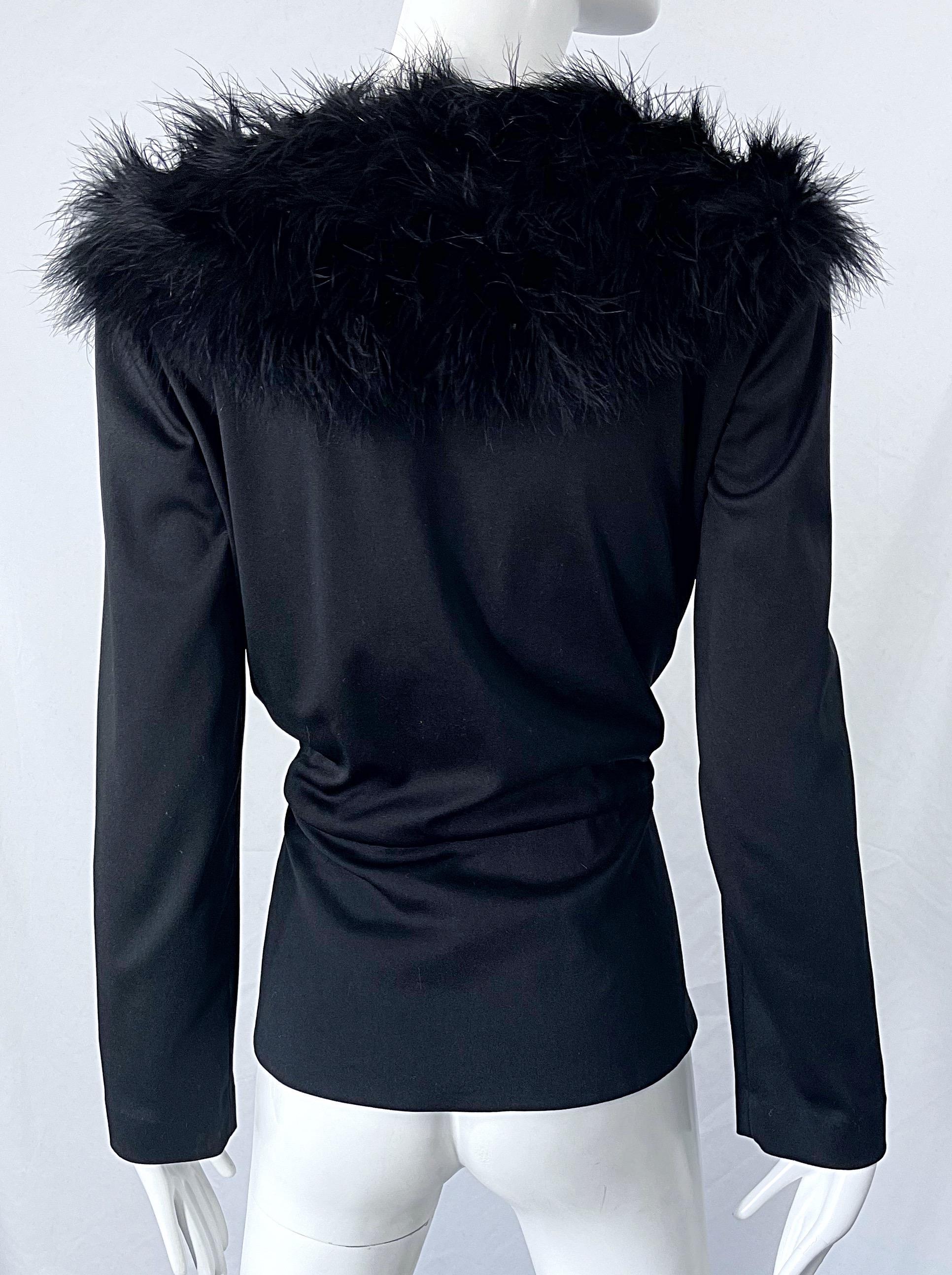 1970s Lilli Diamond Black Marabou Feathers Jersey Long Sleeve Vintage Cardigan  For Sale 5