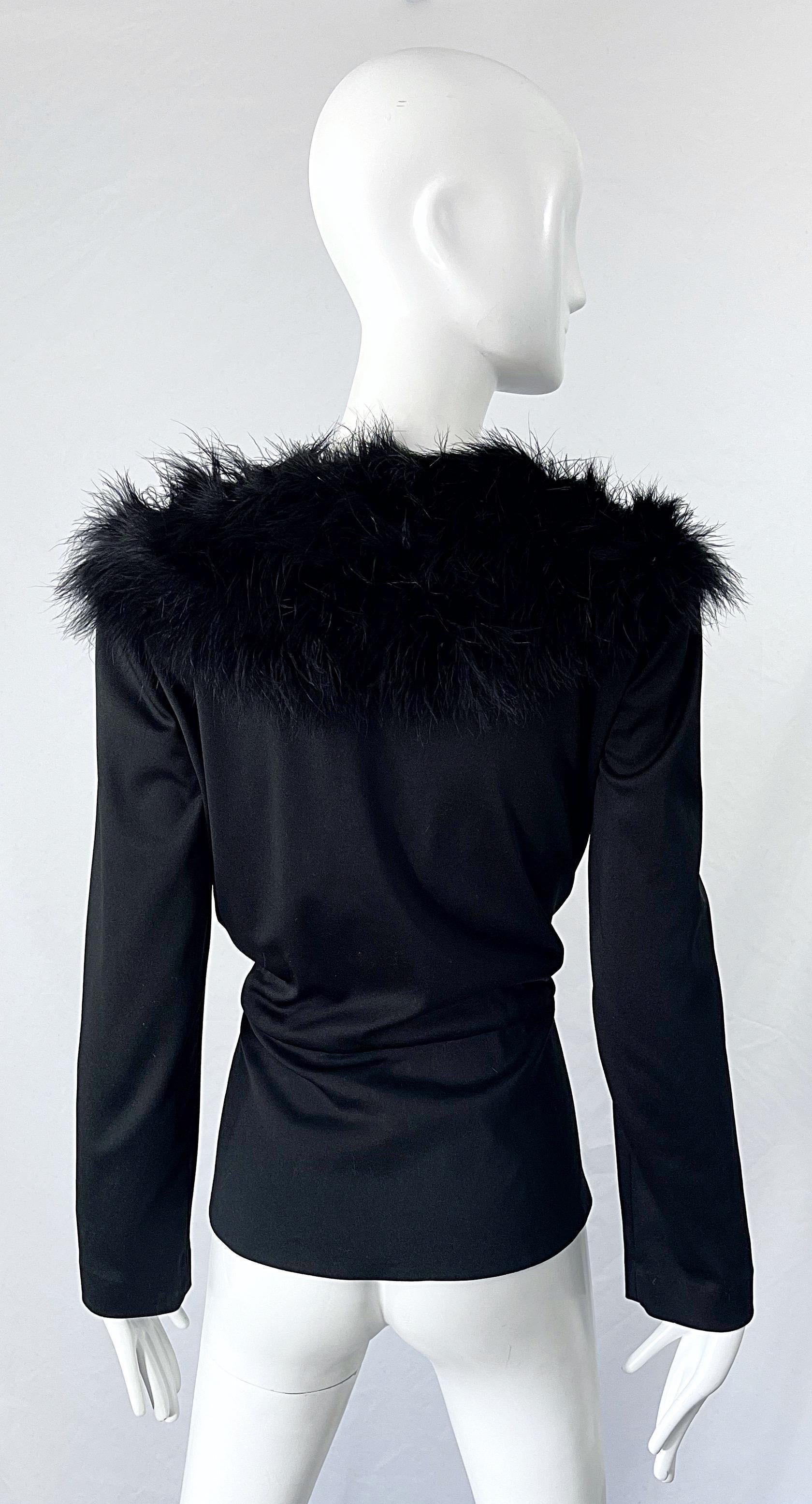 Noir Cardigan vintage à manches longues en jersey et col en plumes noir Marabou Lilli Diamond, 1970   en vente