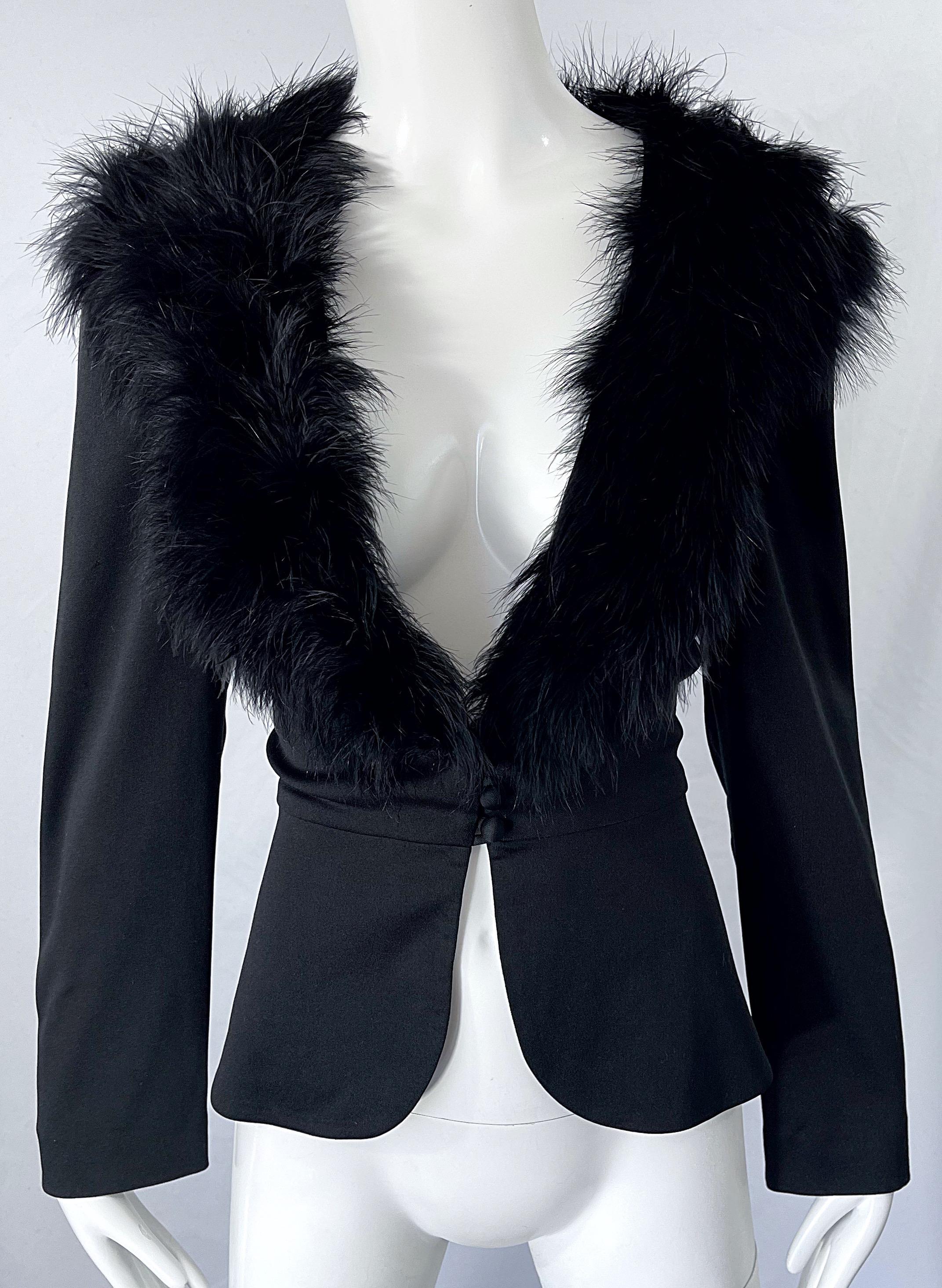 Cardigan vintage à manches longues en jersey et col en plumes noir Marabou Lilli Diamond, 1970   Pour femmes en vente