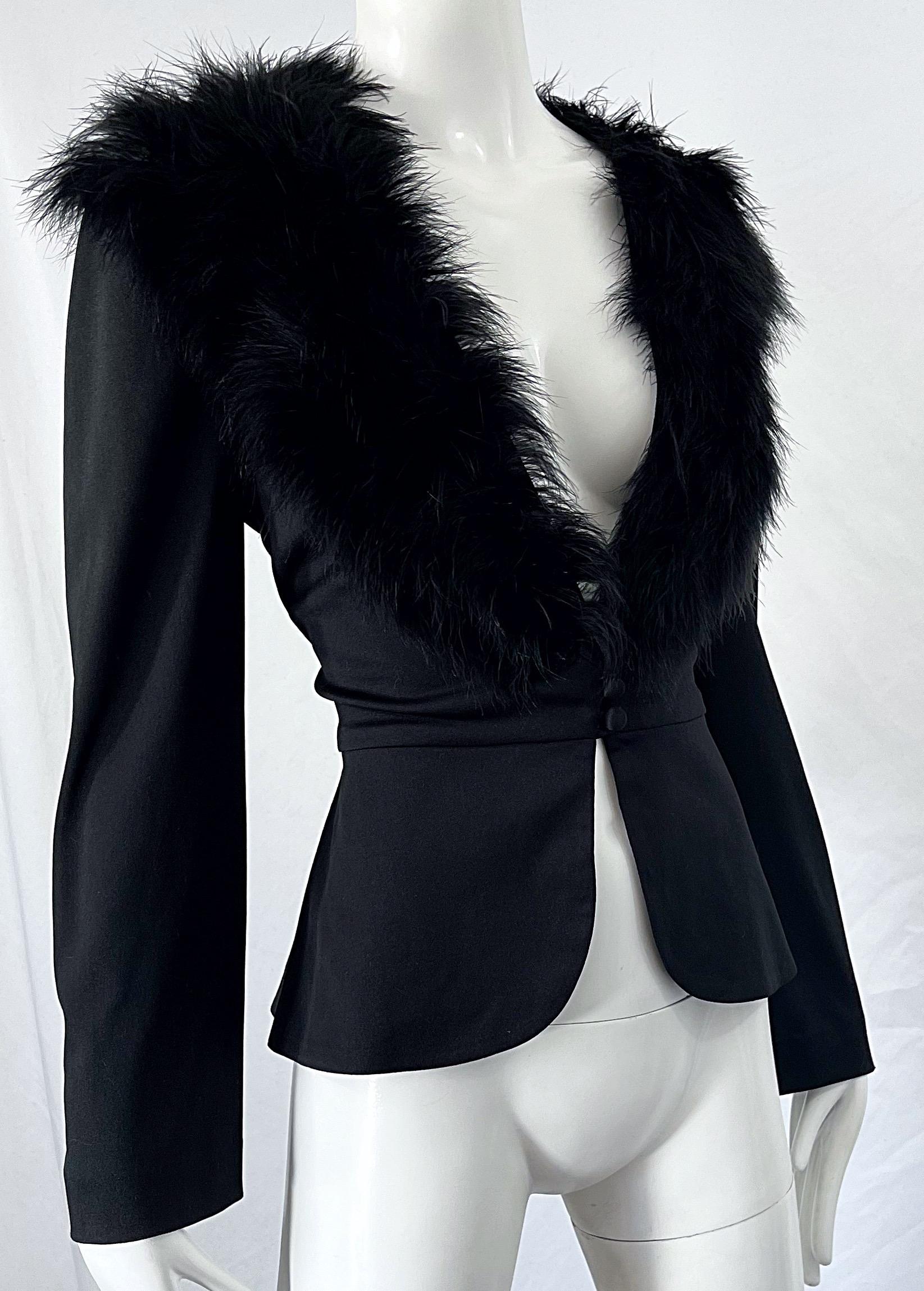 Women's 1970s Lilli Diamond Black Marabou Feathers Jersey Long Sleeve Vintage Cardigan  For Sale