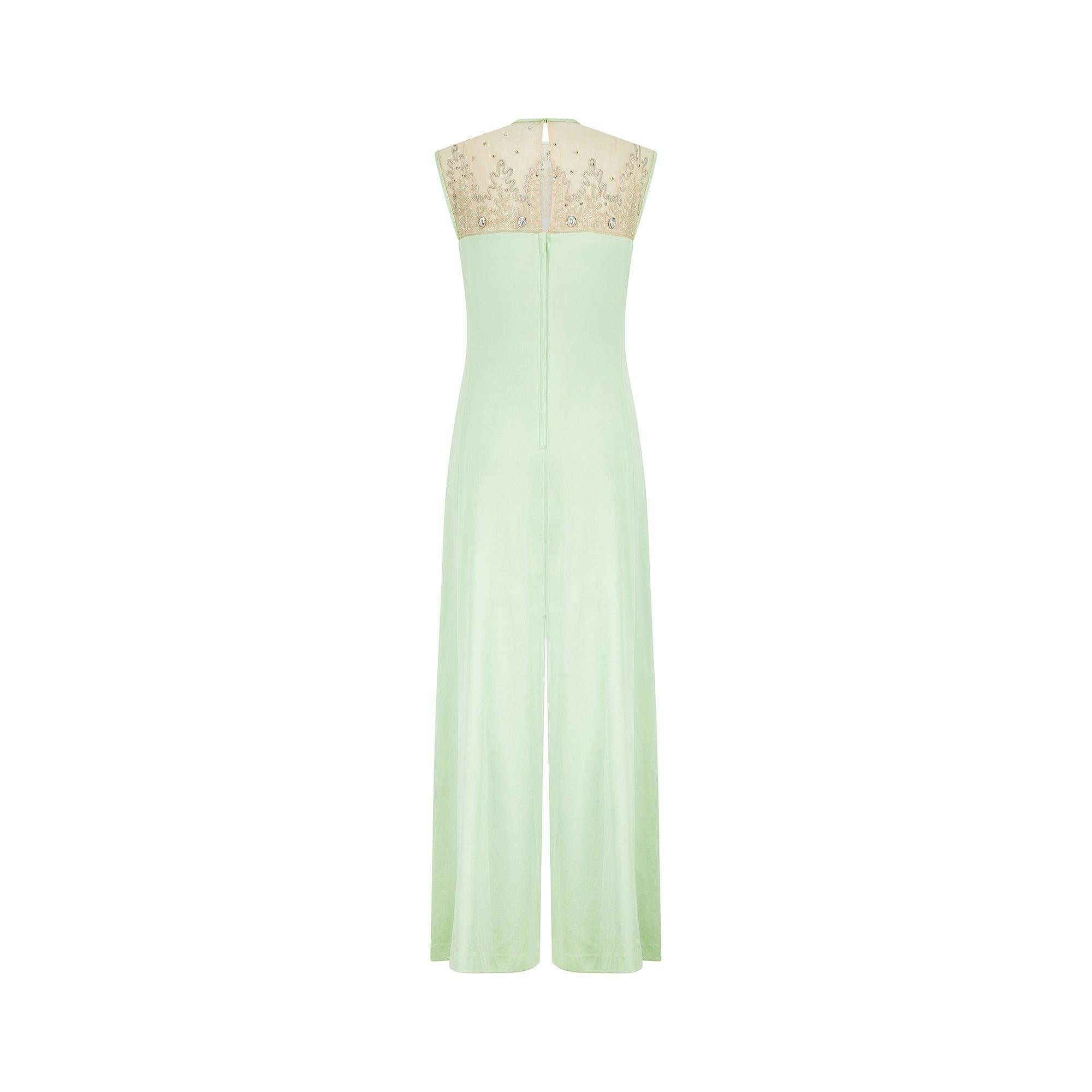 1970s Lilli Diamond Pistachio Jersey Embellished Jumpsuit In Excellent Condition For Sale In London, GB