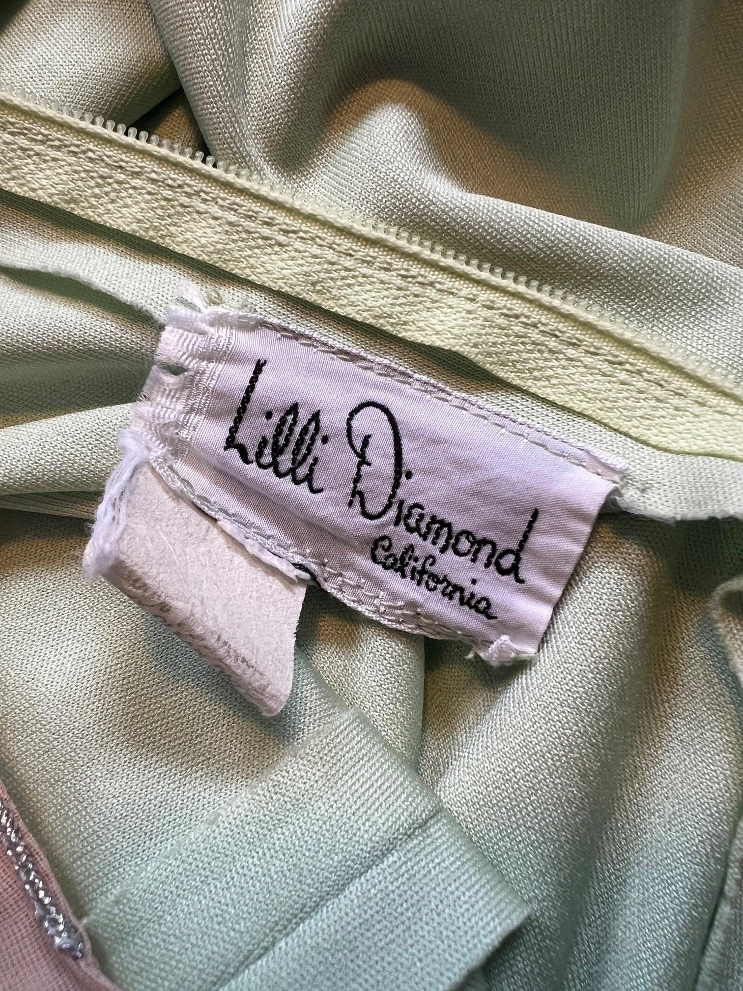 1970er Jahre Lilli Diamond Pistachio Jersey verschönerter Jumpsuit mit Diamanten im Angebot 1