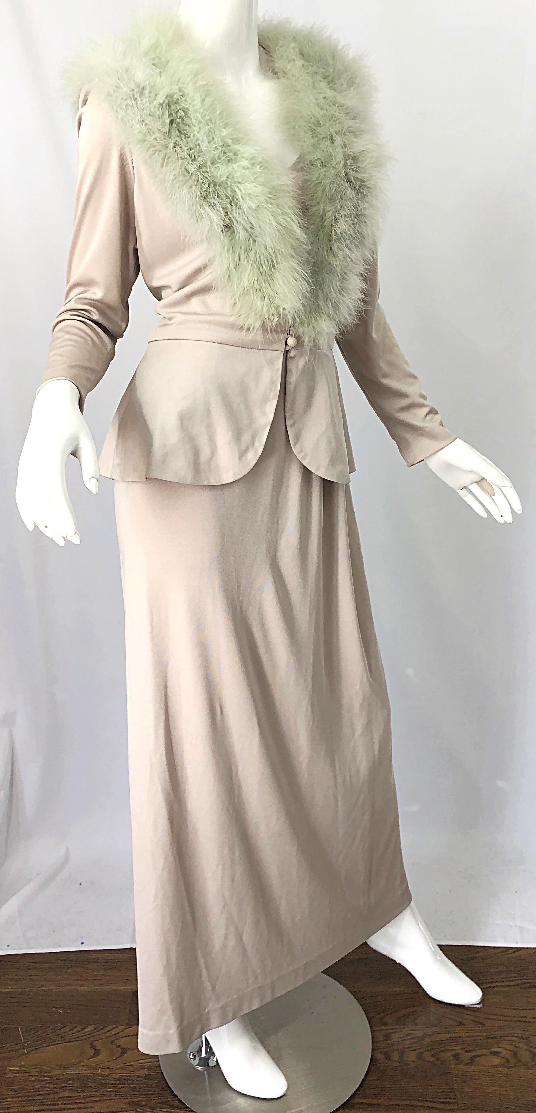 1970s Lilli Diamond Taupe + Mint Green Marabou Feather 70s Maxi Dress + Jacket For Sale 2