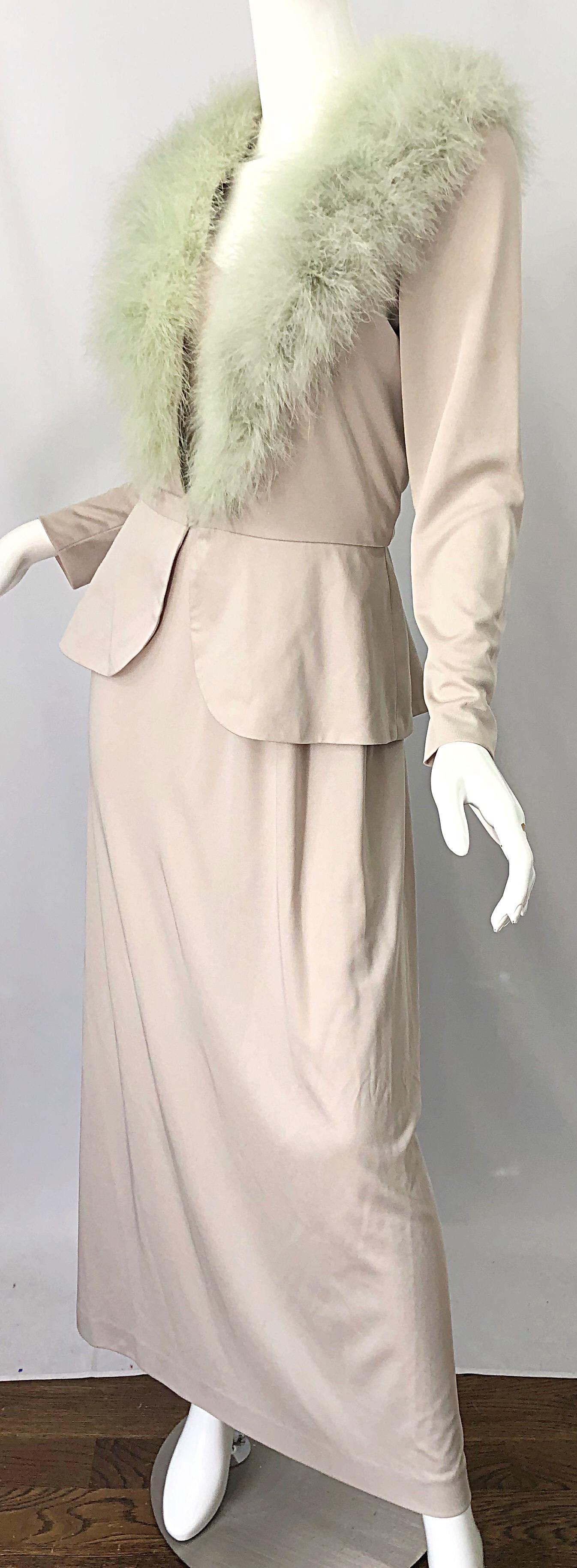 1970s Lilli Diamond Taupe + Mint Green Marabou Feather 70s Maxi Dress + Jacket For Sale 3