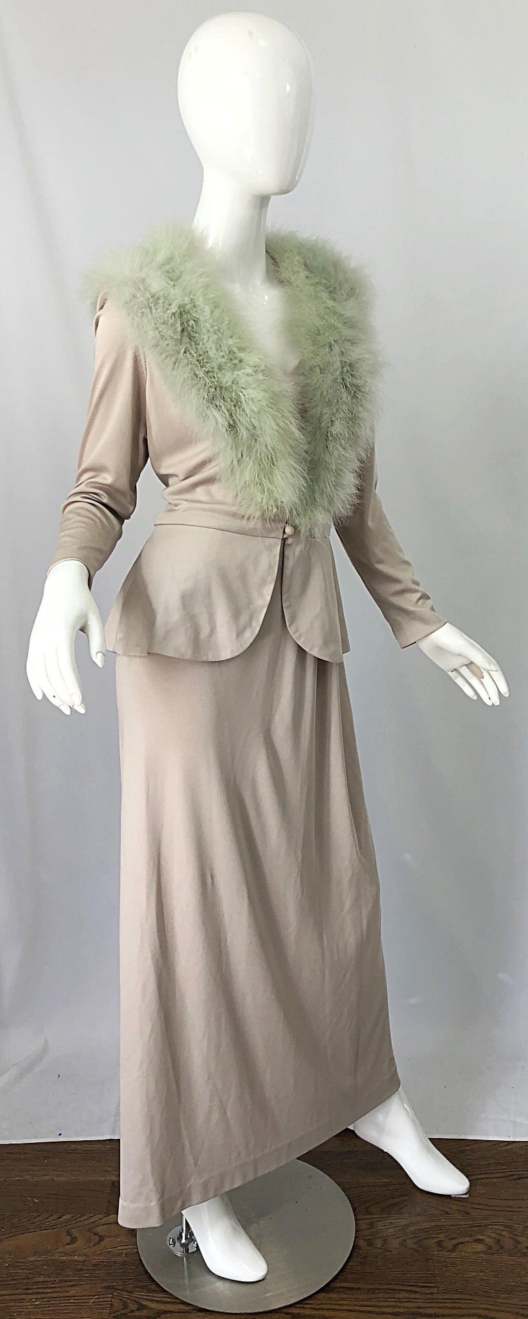1970s Lilli Diamond Taupe + Mint Green Marabou Feather 70s Maxi Dress + Jacket For Sale 9