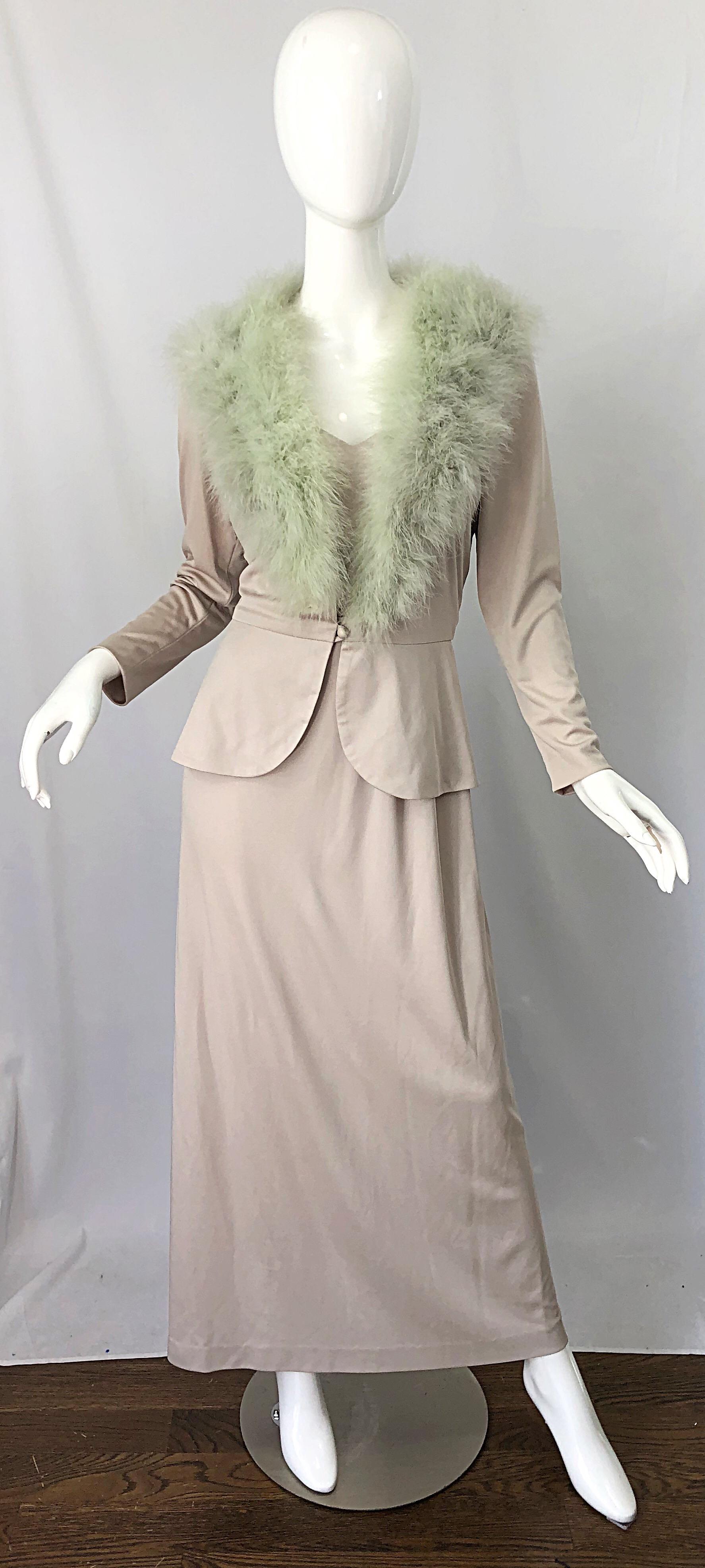 1970s Lilli Diamond Taupe + Mint Green Marabou Feather 70s Maxi Dress + Jacket For Sale 8
