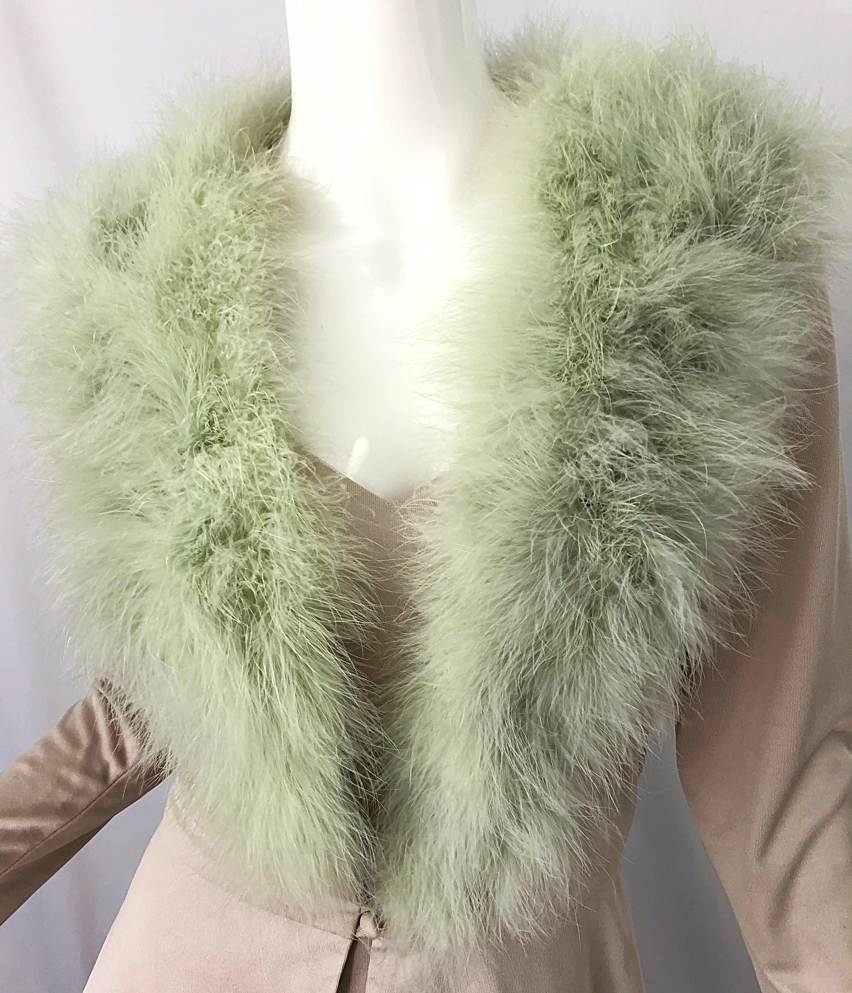 Beige 1970s Lilli Diamond Taupe + Mint Green Marabou Feather 70s Maxi Dress + Jacket For Sale