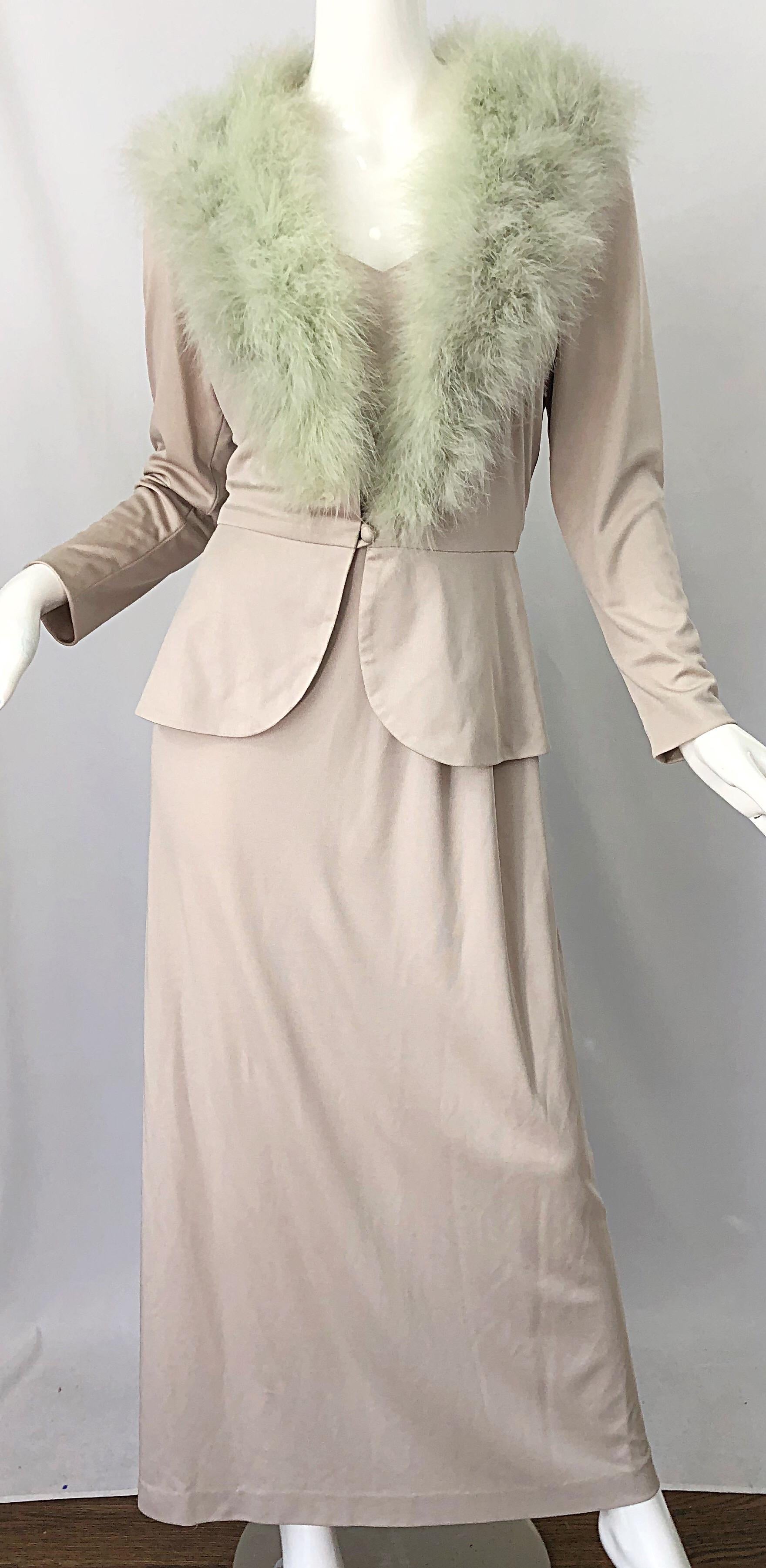 1970s Lilli Diamond Taupe + Mint Green Marabou Feather 70s Maxi Dress + Jacket In Excellent Condition For Sale In San Diego, CA