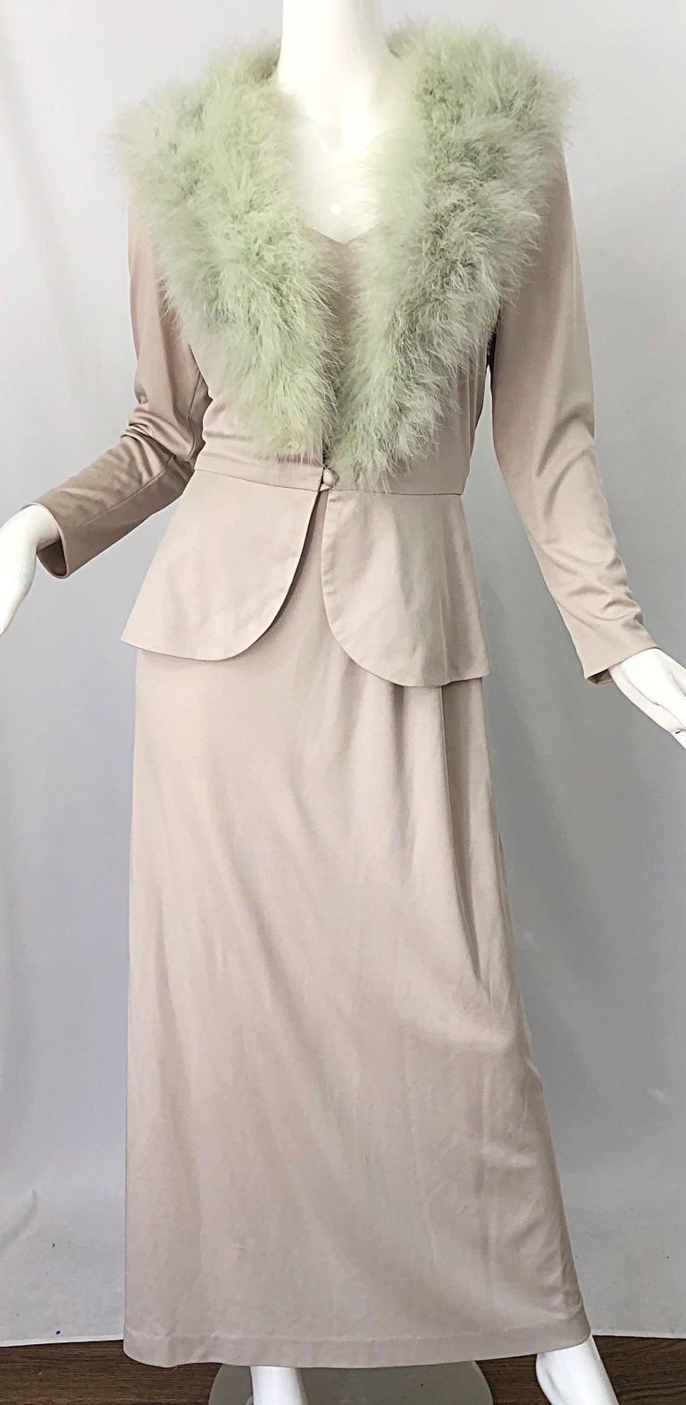 1970s Lilli Diamond Taupe + Mint Green Marabou Feather 70s Maxi Dress + Jacket For Sale 2