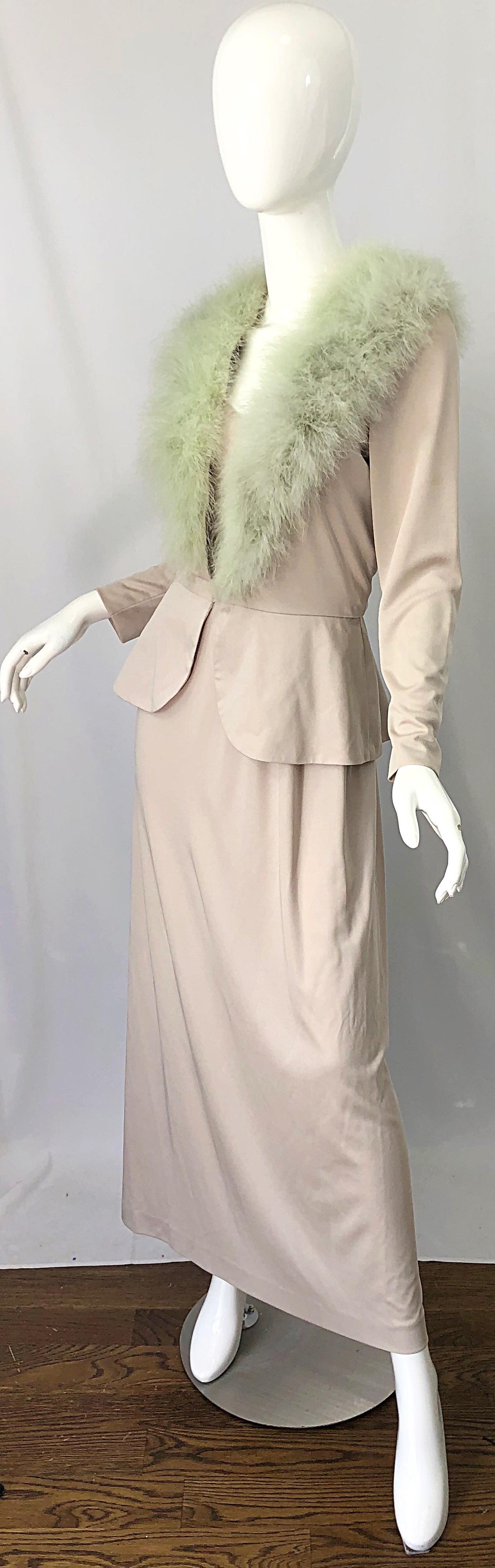 Women's 1970s Lilli Diamond Taupe + Mint Green Marabou Feather 70s Maxi Dress + Jacket For Sale