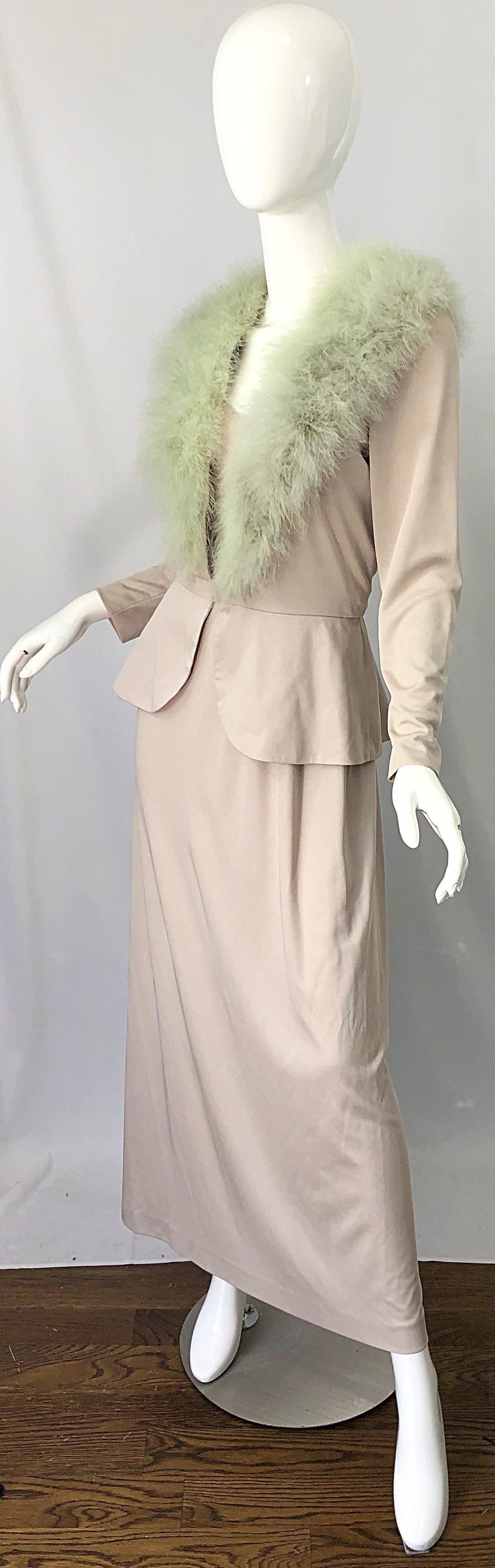 1970s Lilli Diamond Taupe + Mint Green Marabou Feather 70s Maxi Dress + Jacket For Sale 3