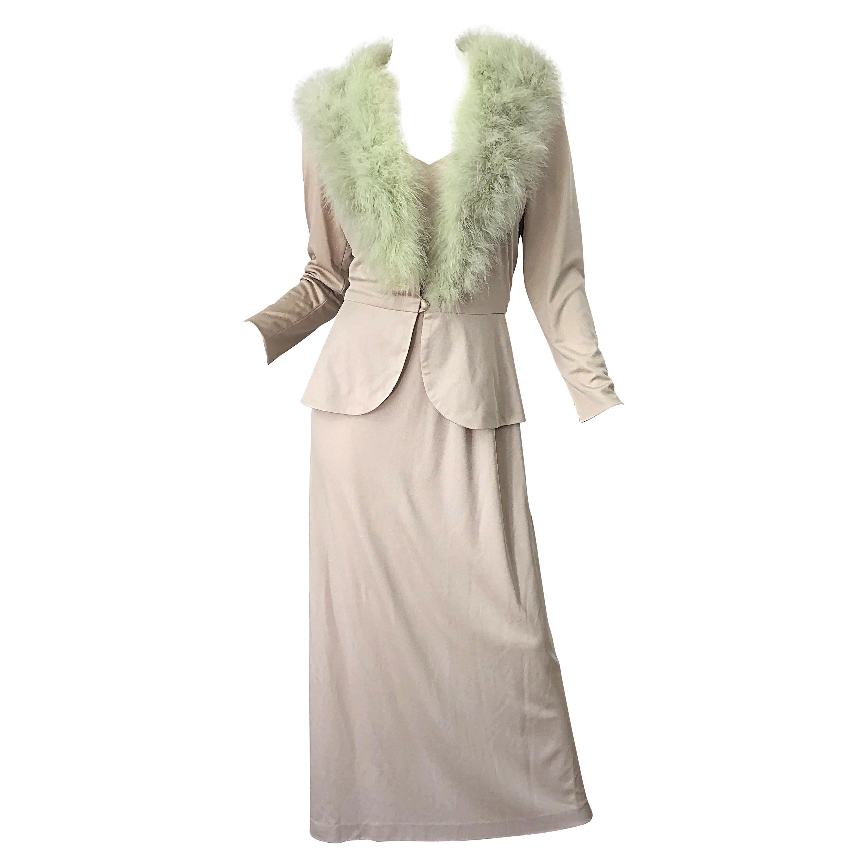 1970er Lilli Diamond Taupe + mintgrüne Marabu-Feder 70er Jahre Maxikleid + Jacke