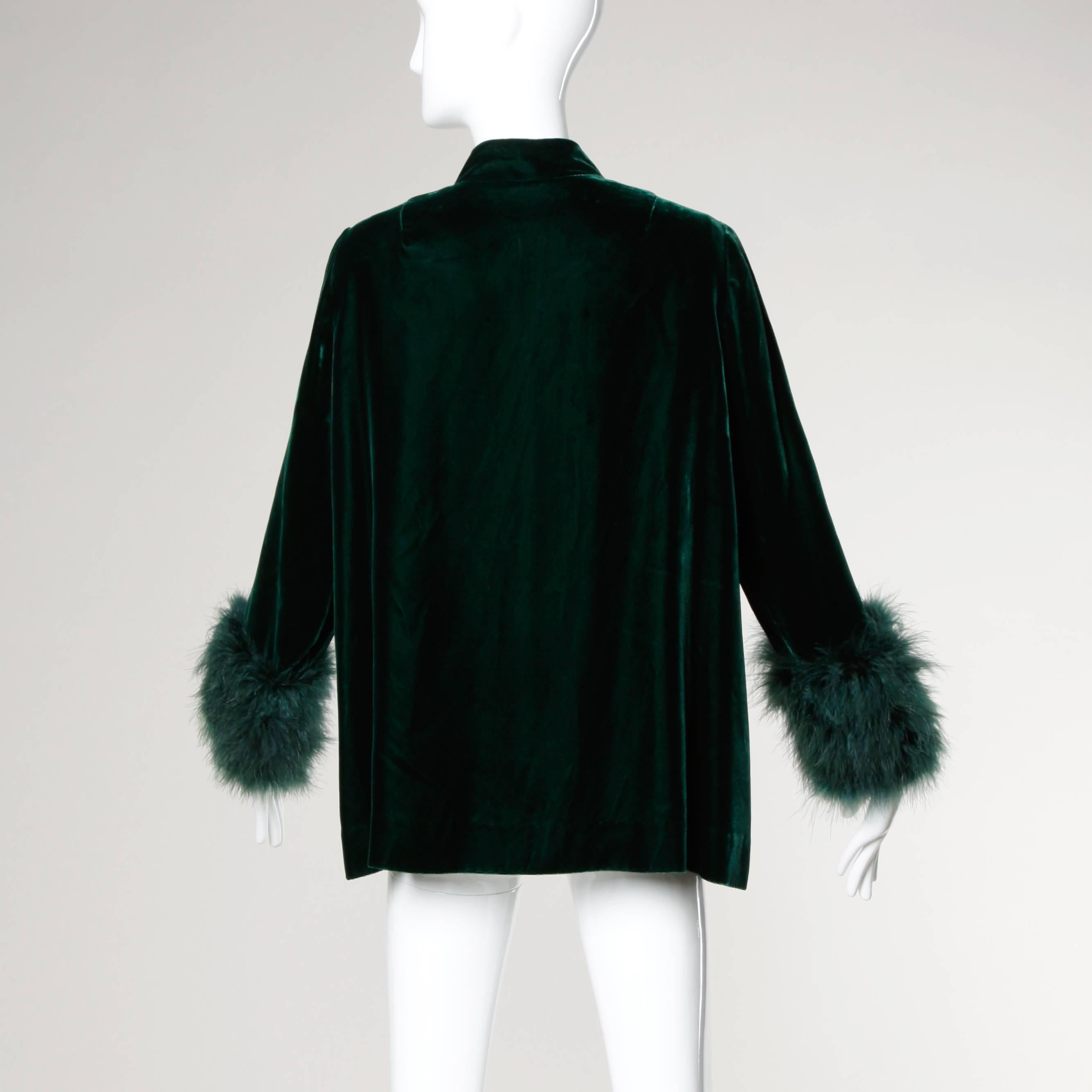 Black 1970s Lilli Diamond Vintage Green Velvet Jacket with Feather Cuffs