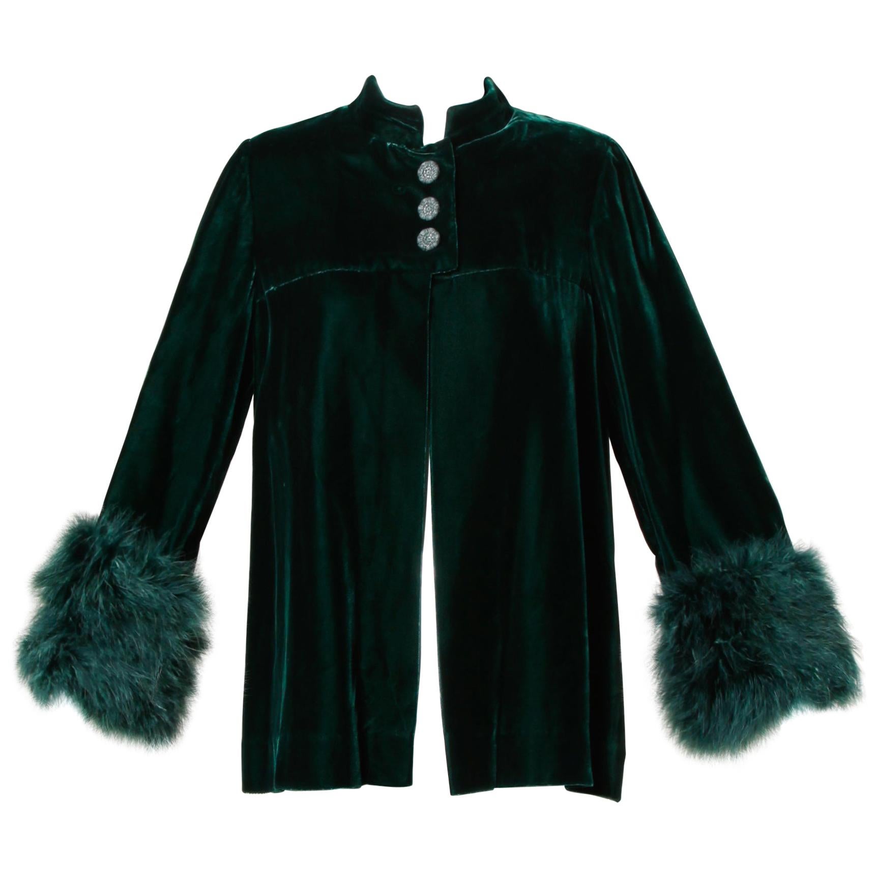 1970s Lilli Diamond Vintage Green Velvet Jacket with Feather Cuffs