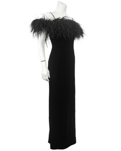1970's Lillie Rubin Black Velvet Strapless Gown with Ostrich Feather Trim