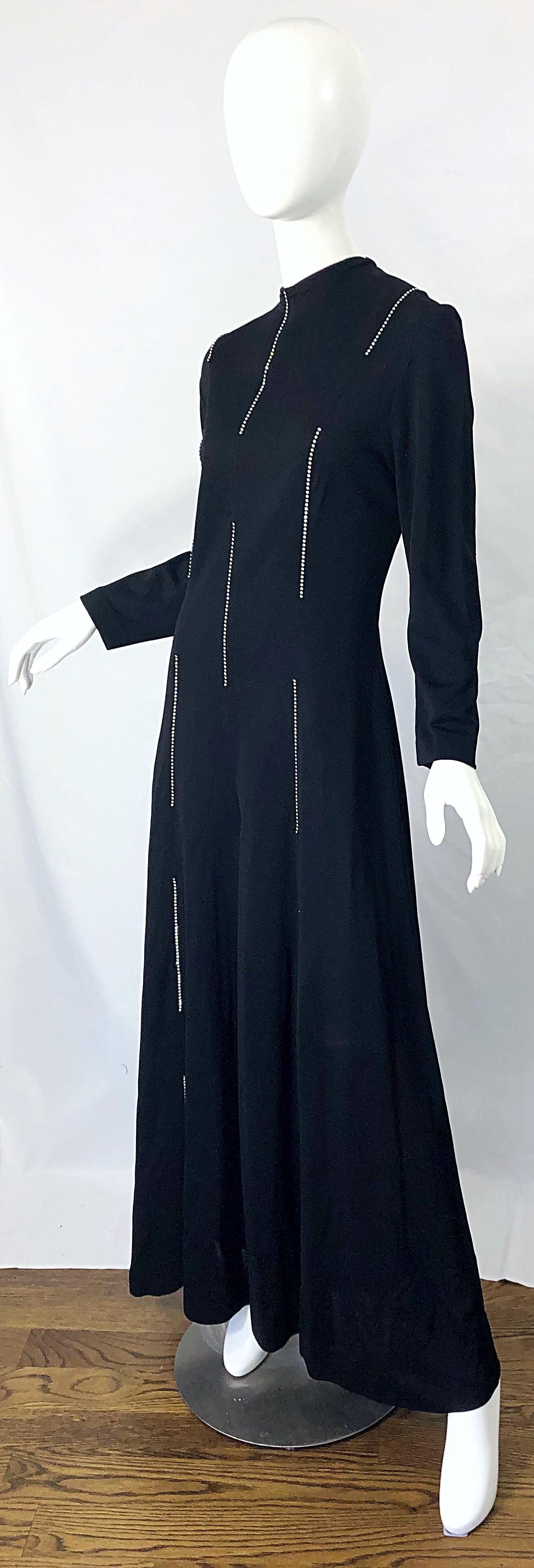 1970s Lillie Rubin Rhinestone Encrusted Black Knit Wide Palazzo Leg 70s Jumpsuit For Sale 3