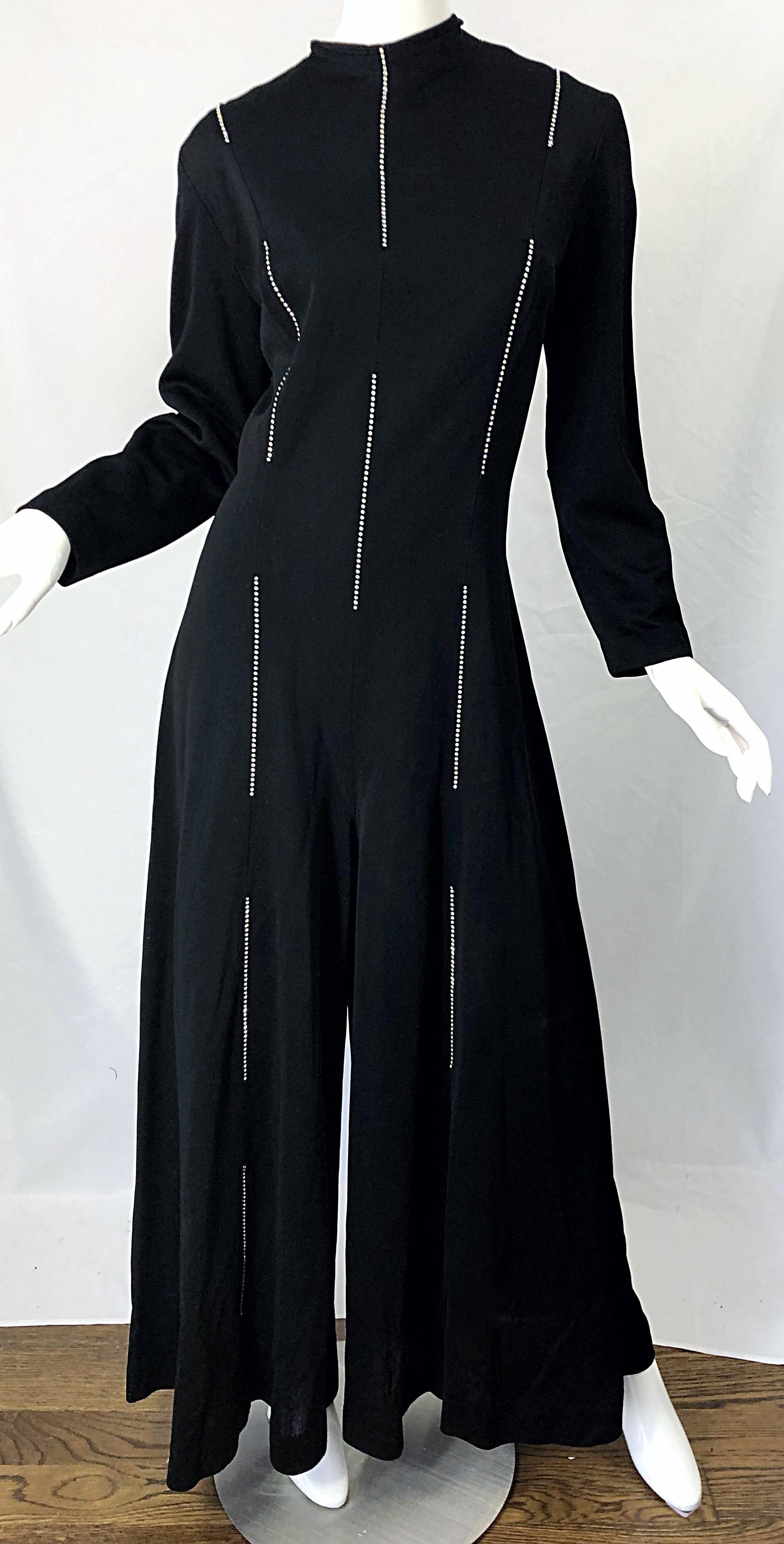 1970s Lillie Rubin Rhinestone Encrusted Black Knit Wide Palazzo Leg 70s Jumpsuit For Sale 5