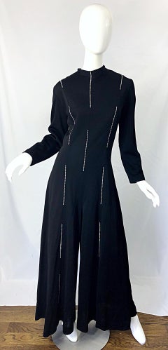 1970s Lillie Rubin Rhinestone Encrusted Black Knit Wide Palazzo Leg 70s Jumpsuit