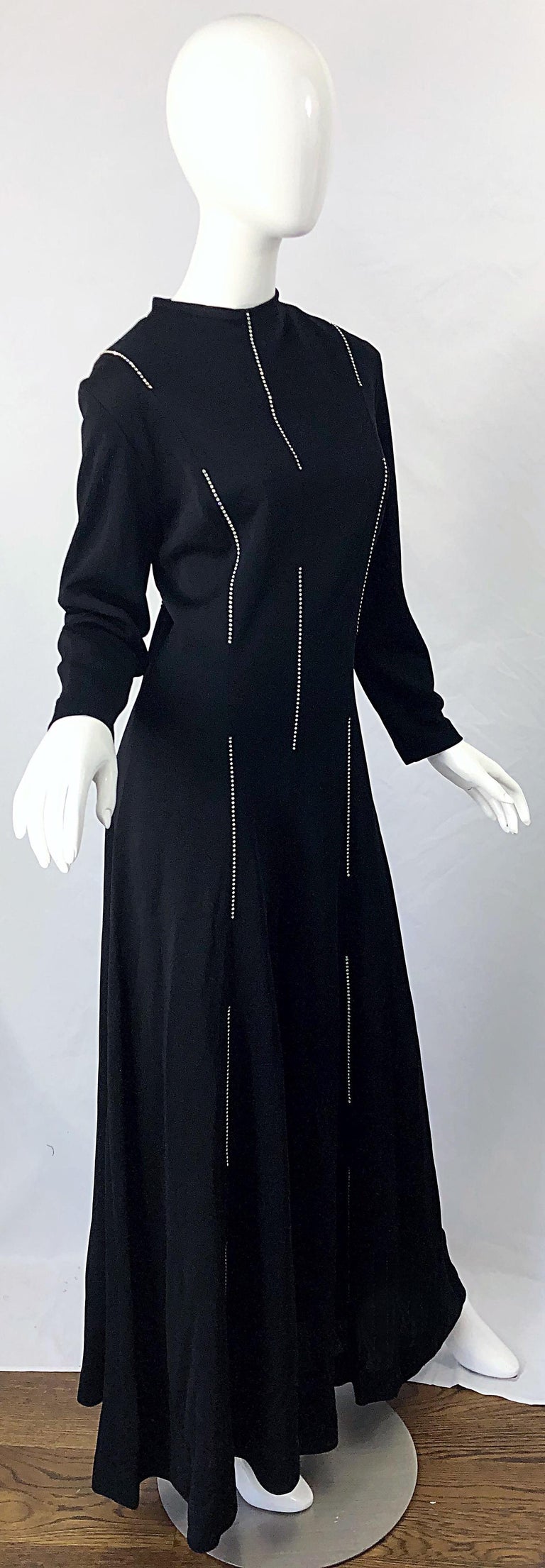 1970s Lillie Rubin Rhinestone Encrusted Black Knit Wide Palazzo Leg 70s Jumpsuit For Sale 1