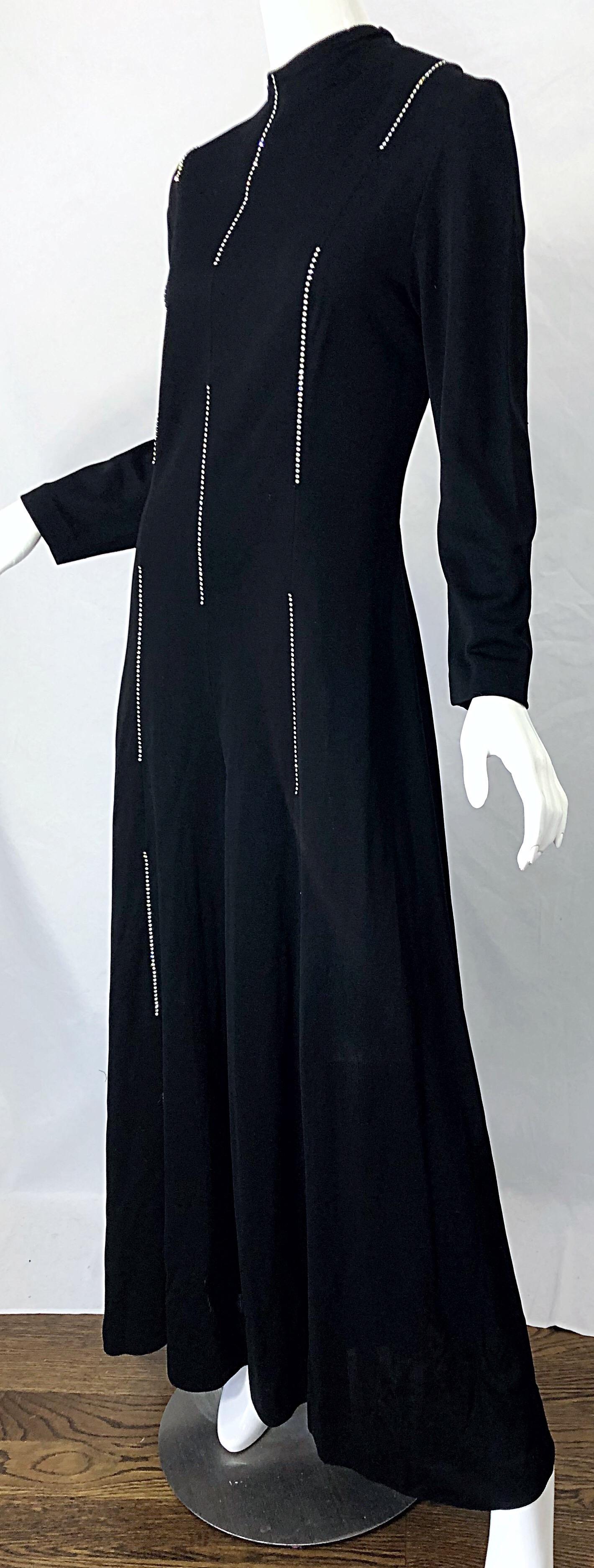 1970s Lillie Rubin Rhinestone Encrusted Black Knit Wide Palazzo Leg 70s Jumpsuit In Excellent Condition For Sale In San Diego, CA