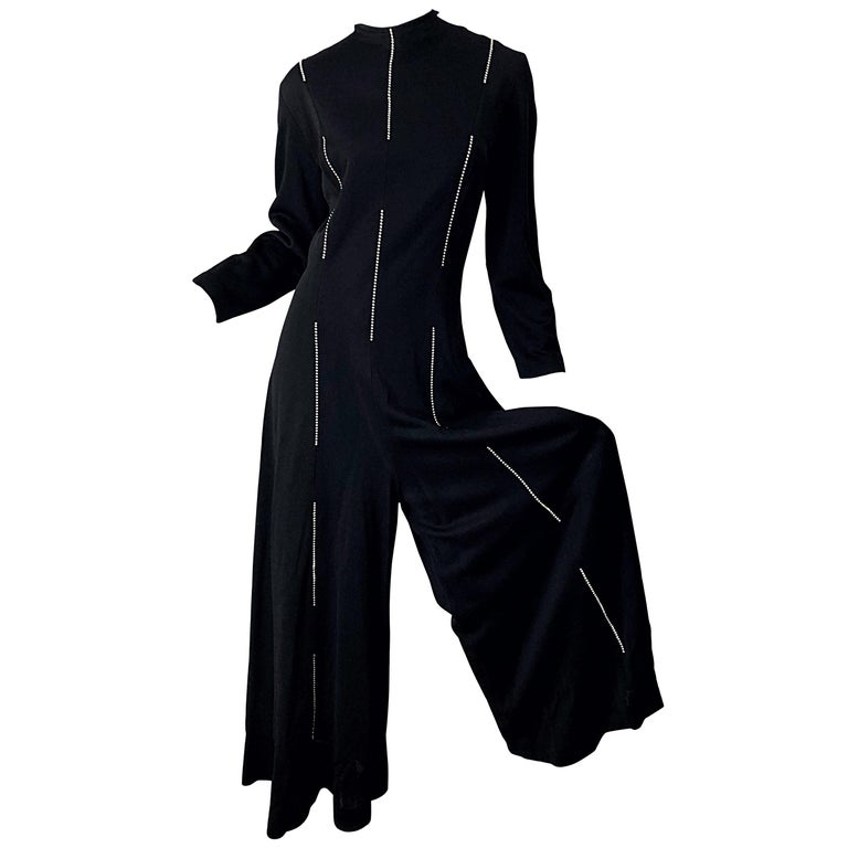 1970s Lillie Rubin Rhinestone Encrusted Black Knit Wide Palazzo Leg 70s Jumpsuit For Sale