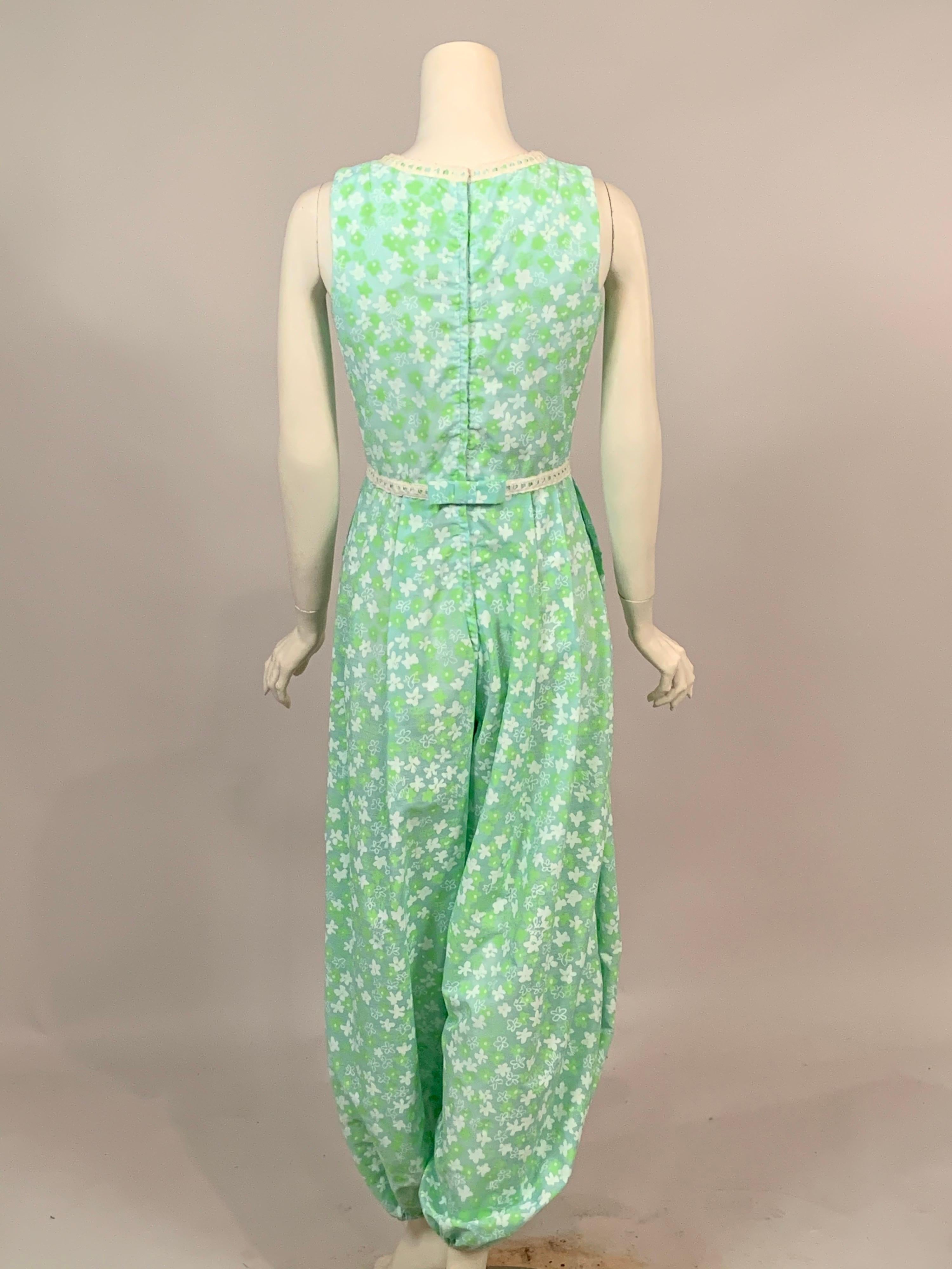 1970's Lilly Pulitzer Blue Green and White Floral Print Cotton Jumpsuit 3