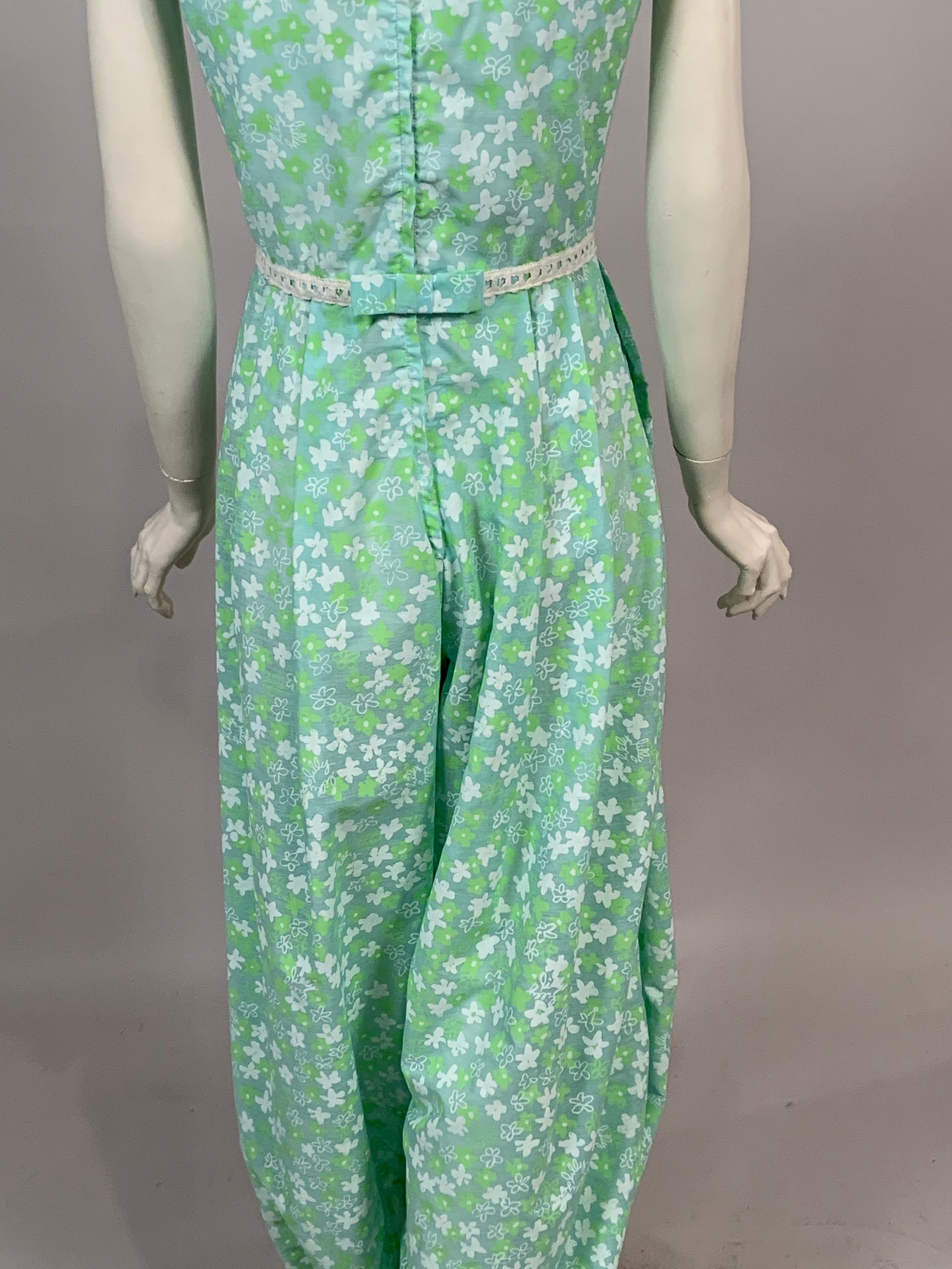 1970's Lilly Pulitzer Blue Green and White Floral Print Cotton Jumpsuit 4
